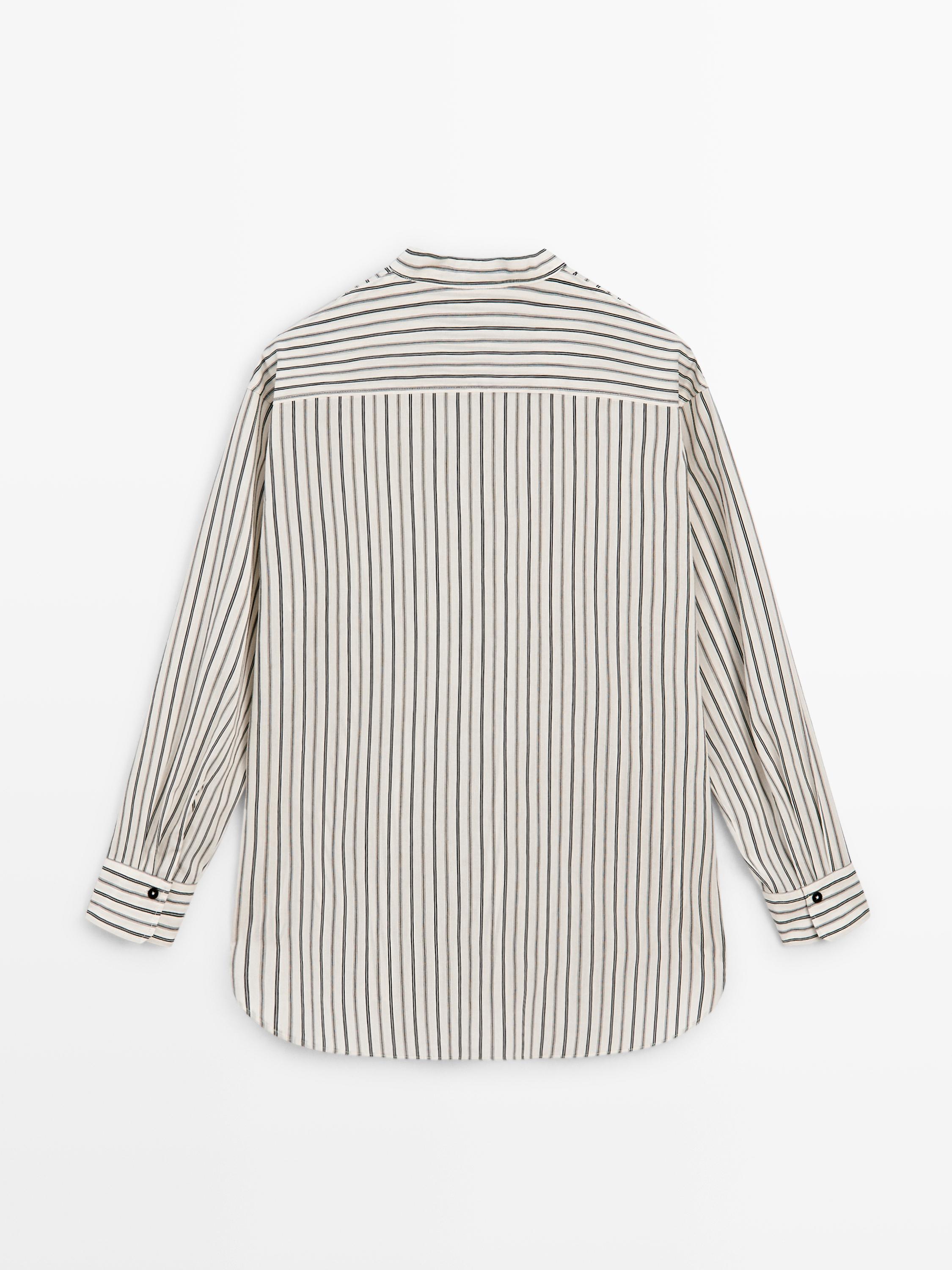 Striped flowing shirt with stand collar
