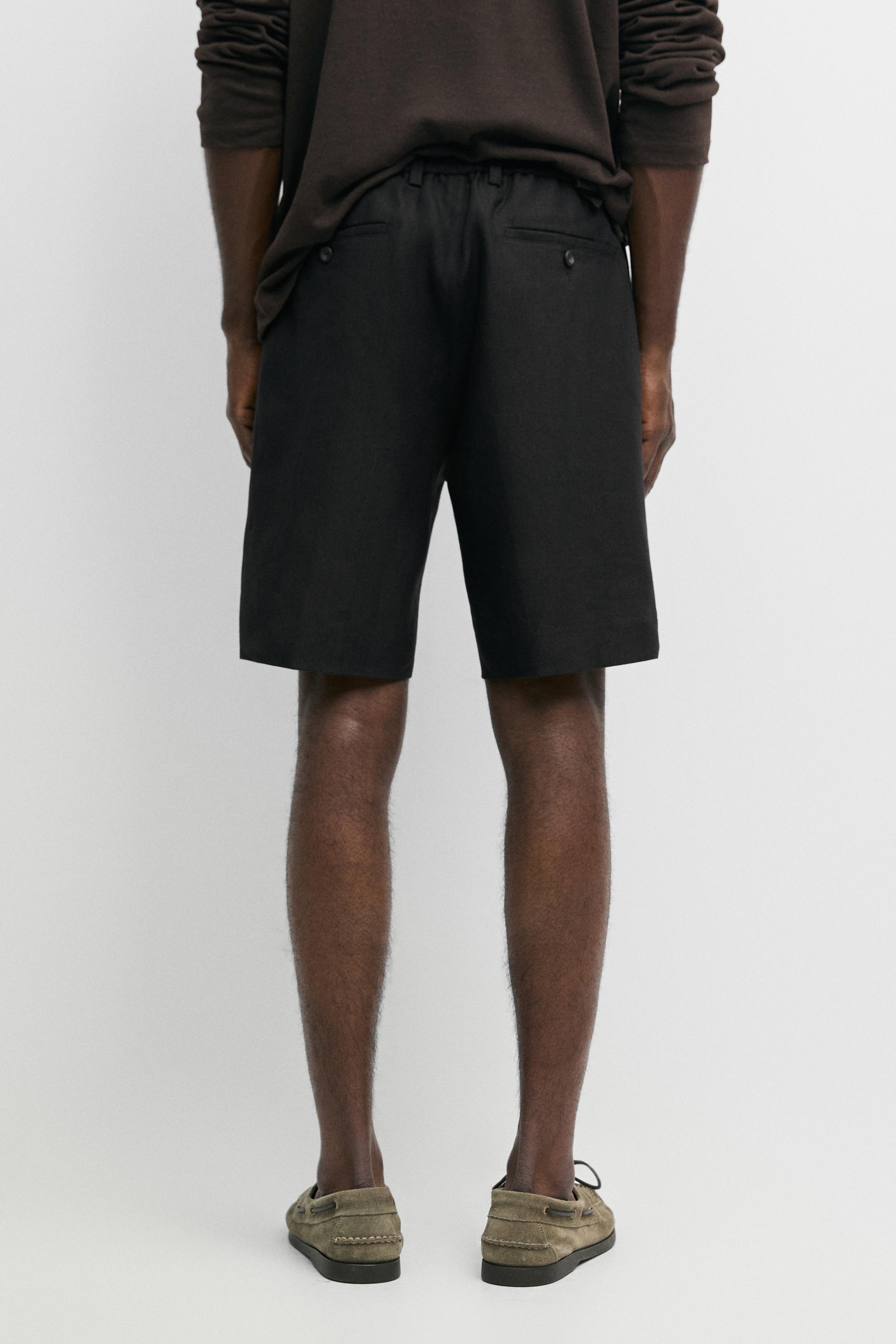 100% linen short Bermuda shorts — BLACK