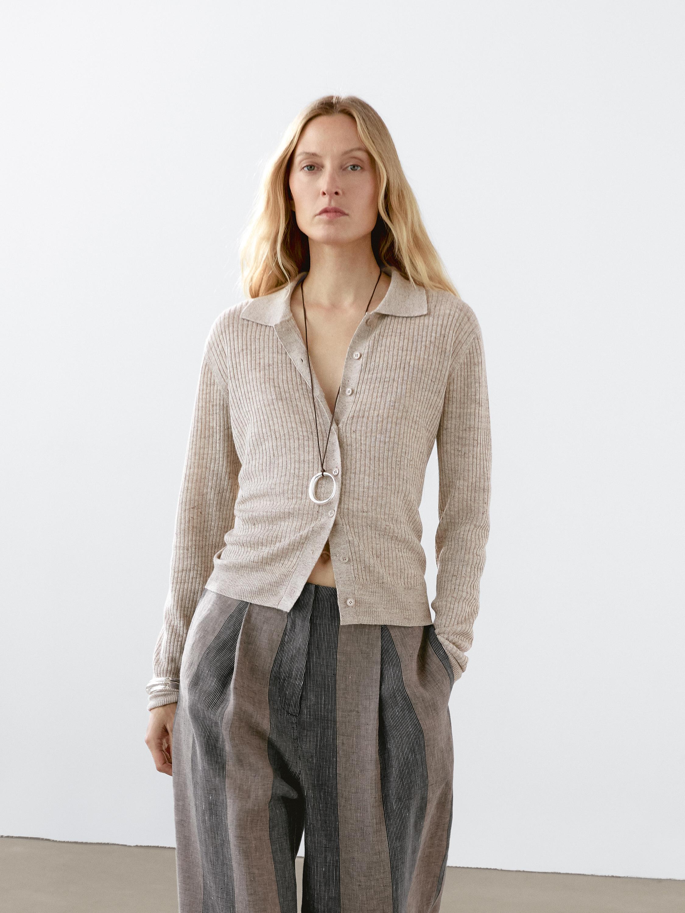 كارديغان بحياكة مرقطة من الكتان المخلوط