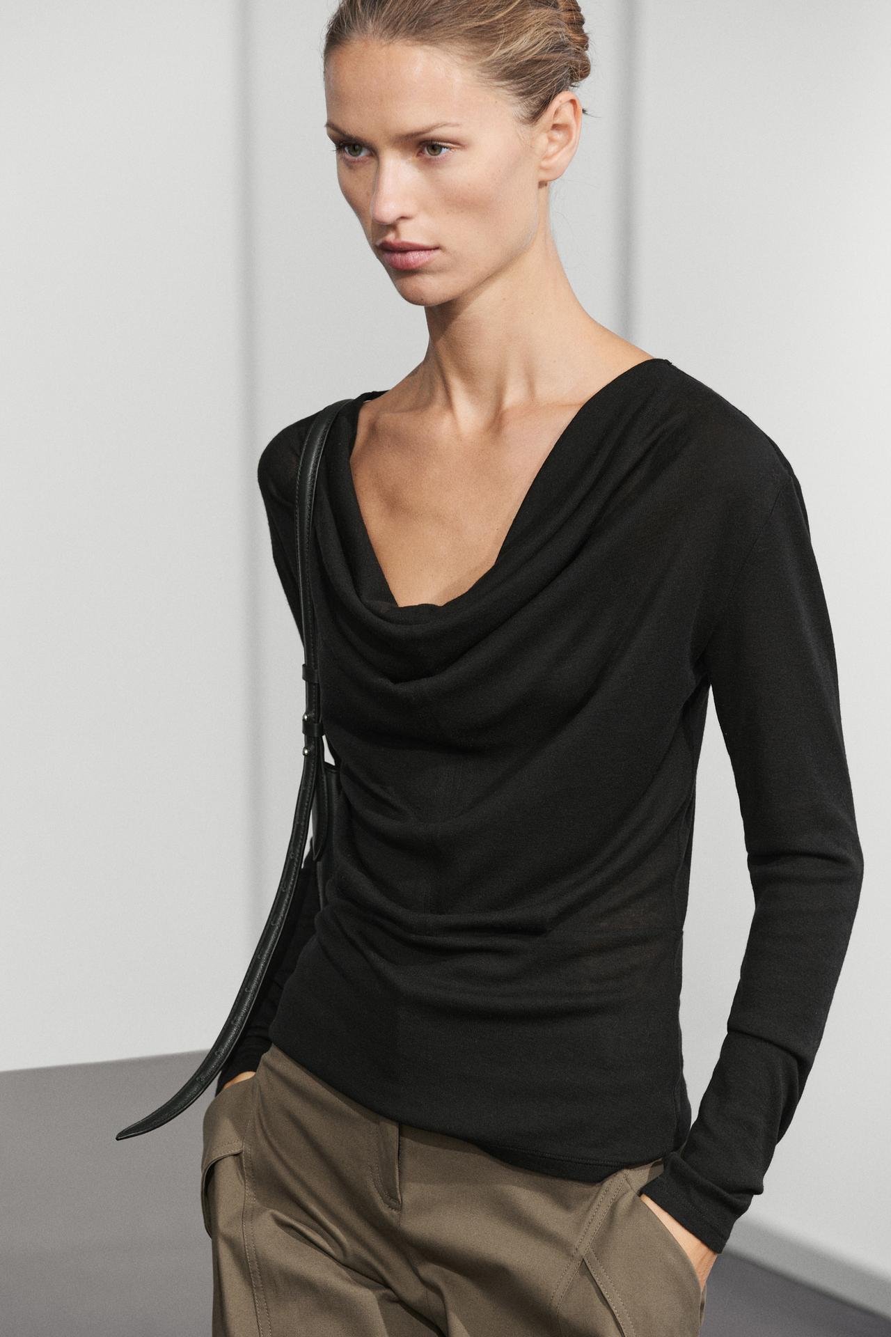 Long sleeve top with draped neckline — BLACK