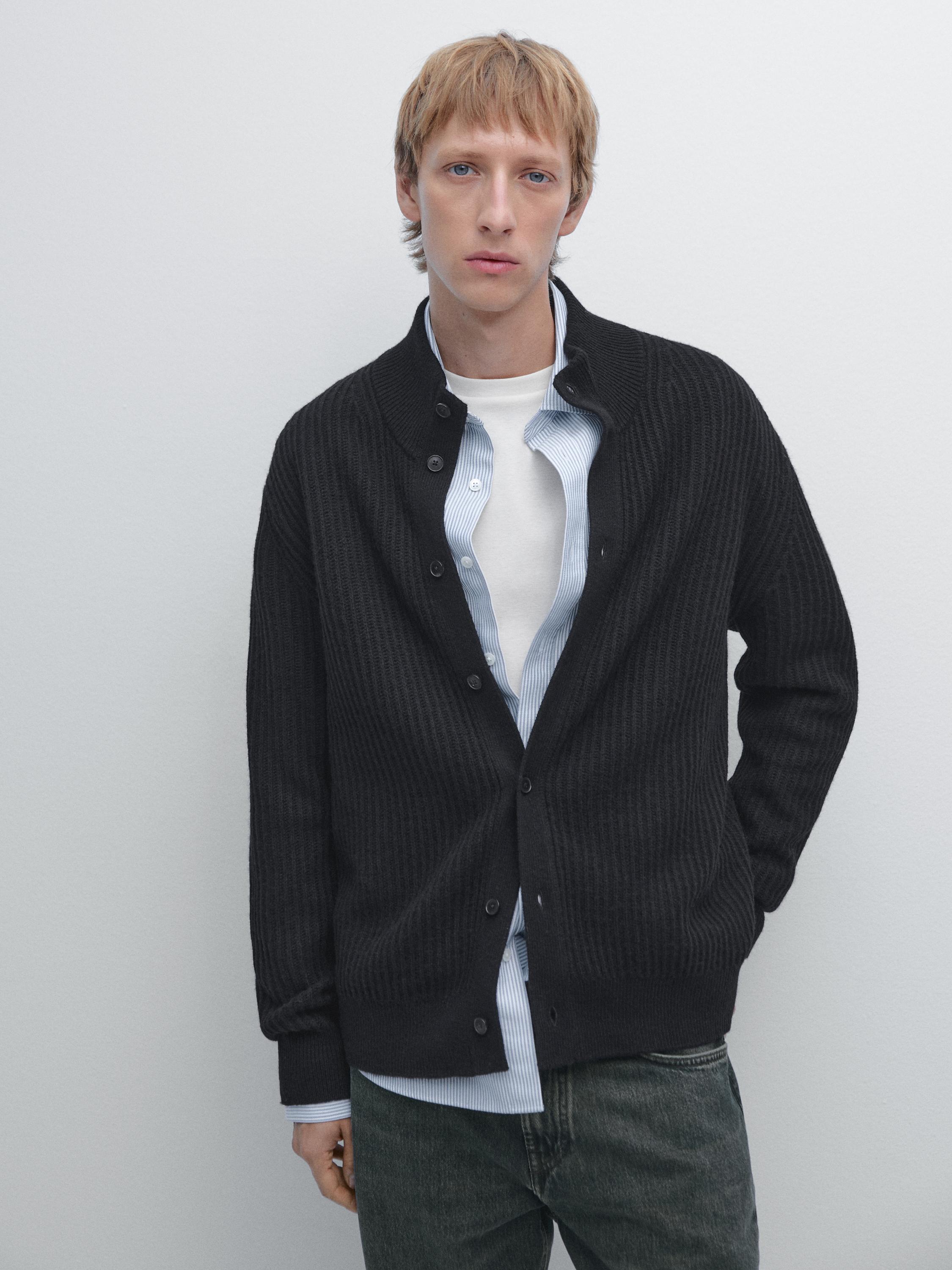 Cardigan de malha de gola alta em mistura de algodão
