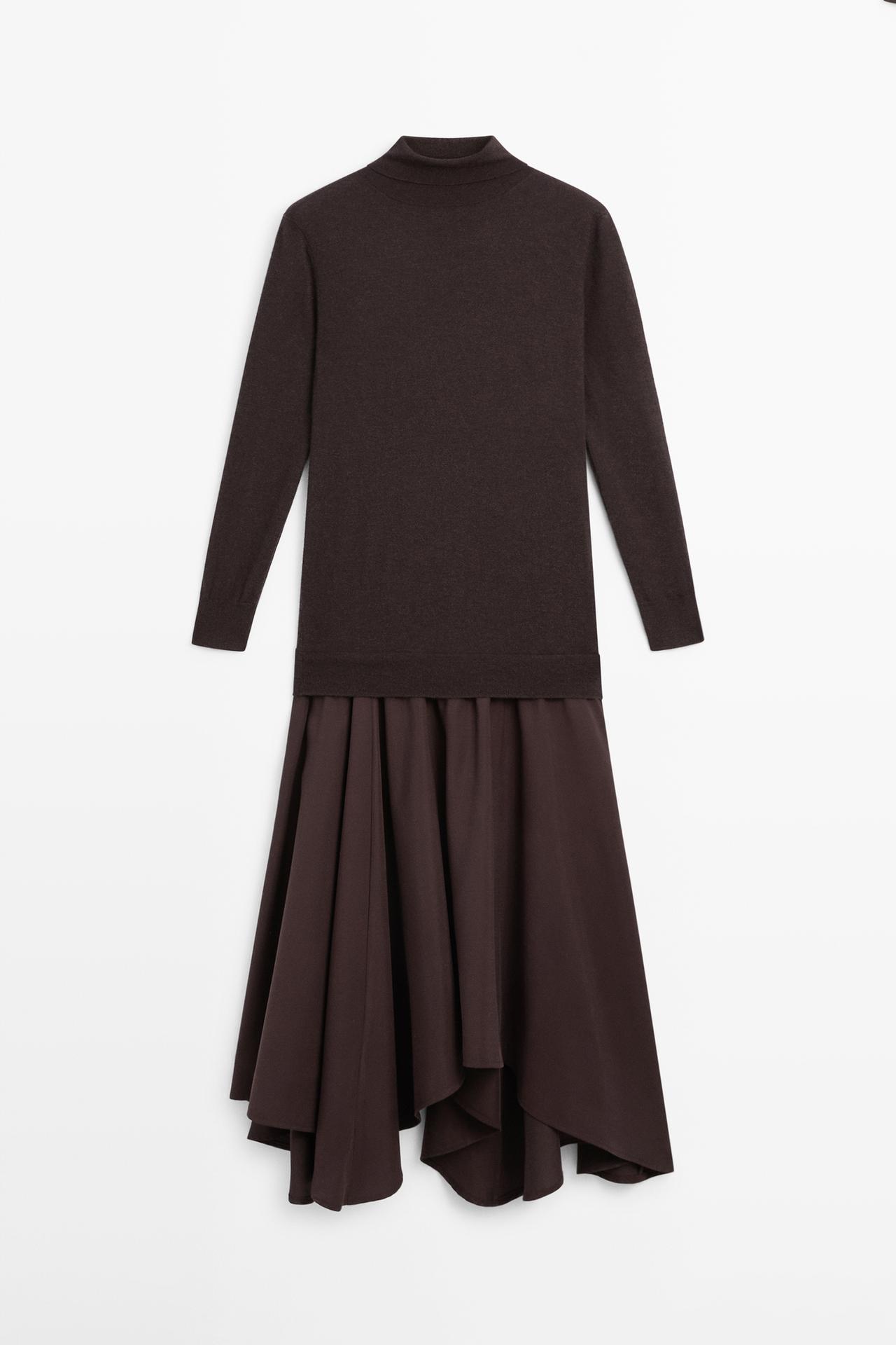 Massimo Dutti - Dame - Strikket Kjole I Uldblanding Med Kontrastdetalje - Chokolade - L