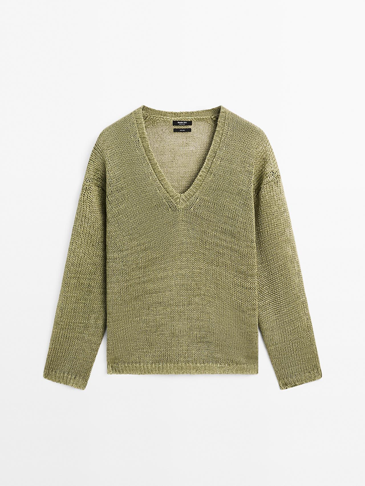 Massimo Dutti - Dame - Trøje I 100 % Hør Med Hulmønster - Grøn - L