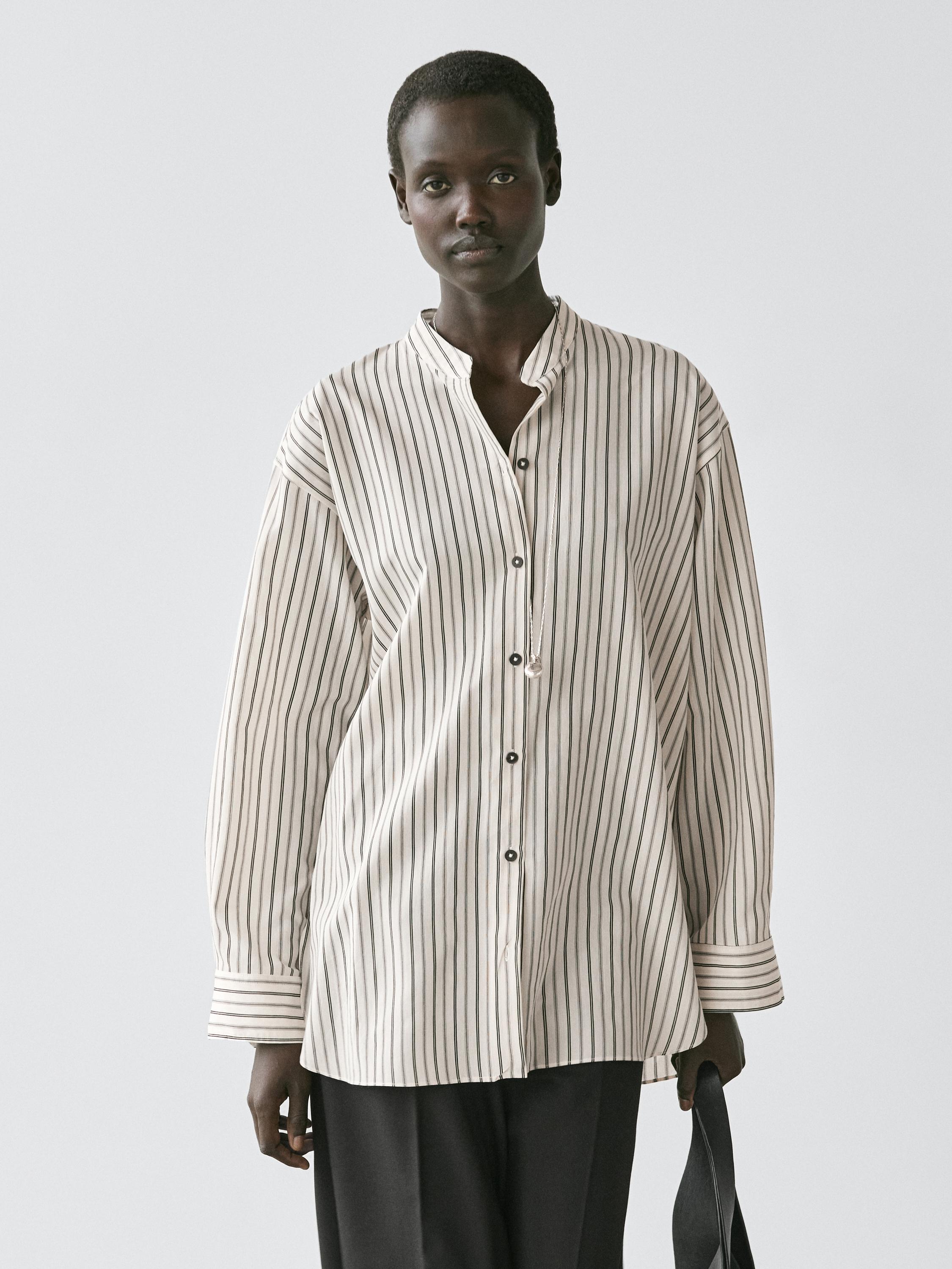 Striped flowing shirt with stand collar