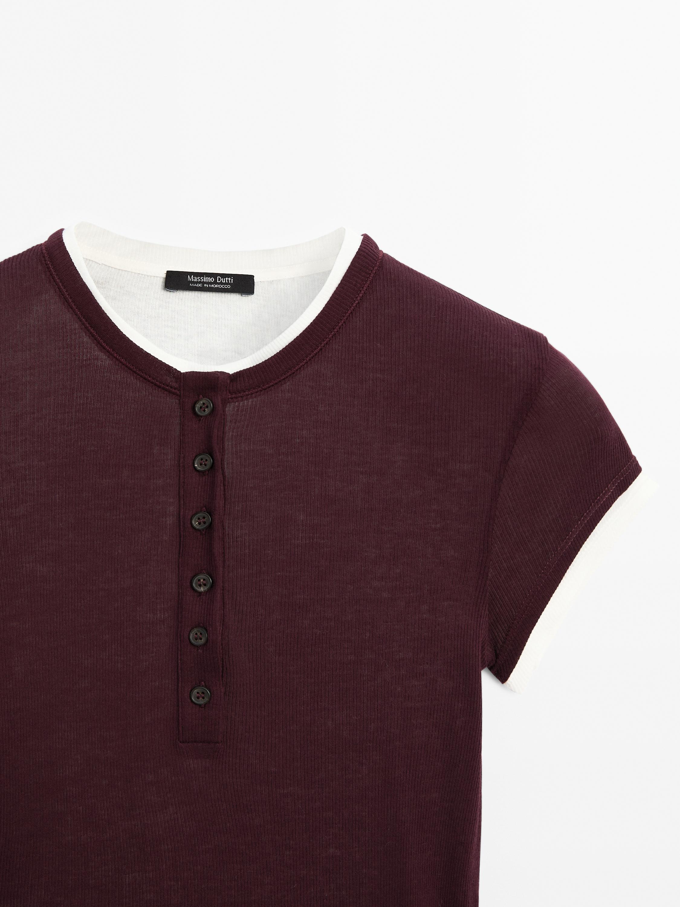 Double-layer cotton henley T-shirt