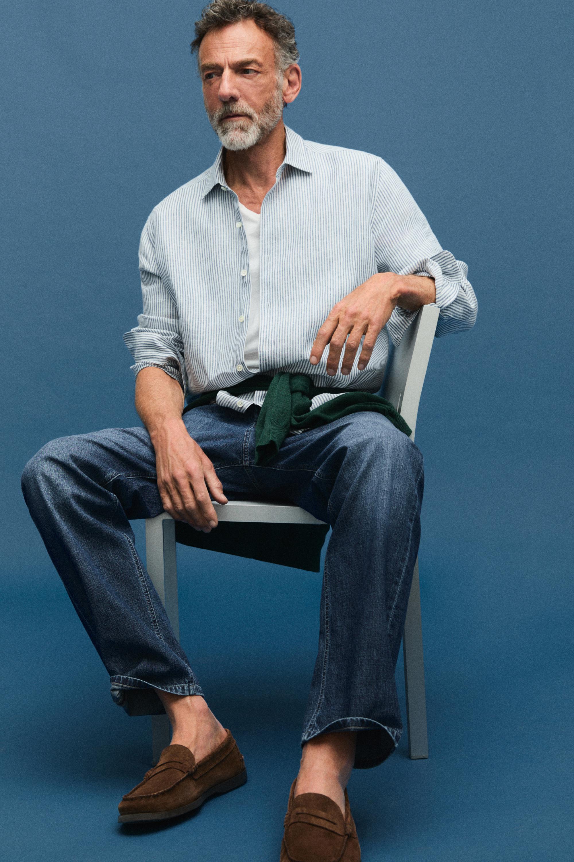 Striped slim fit linen shirt — BLUE