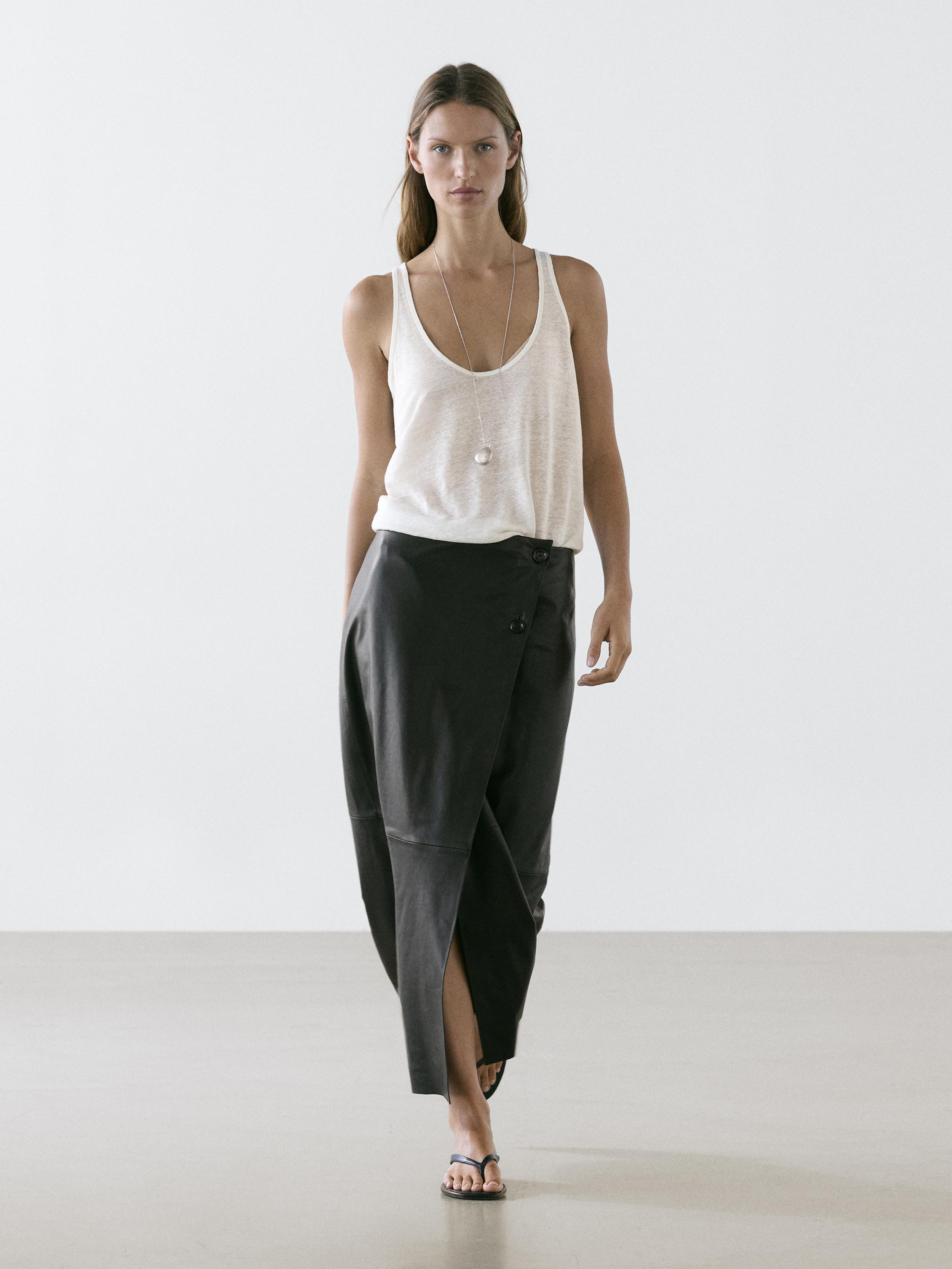 Nappa leather midi skirt with seams — BLACK
