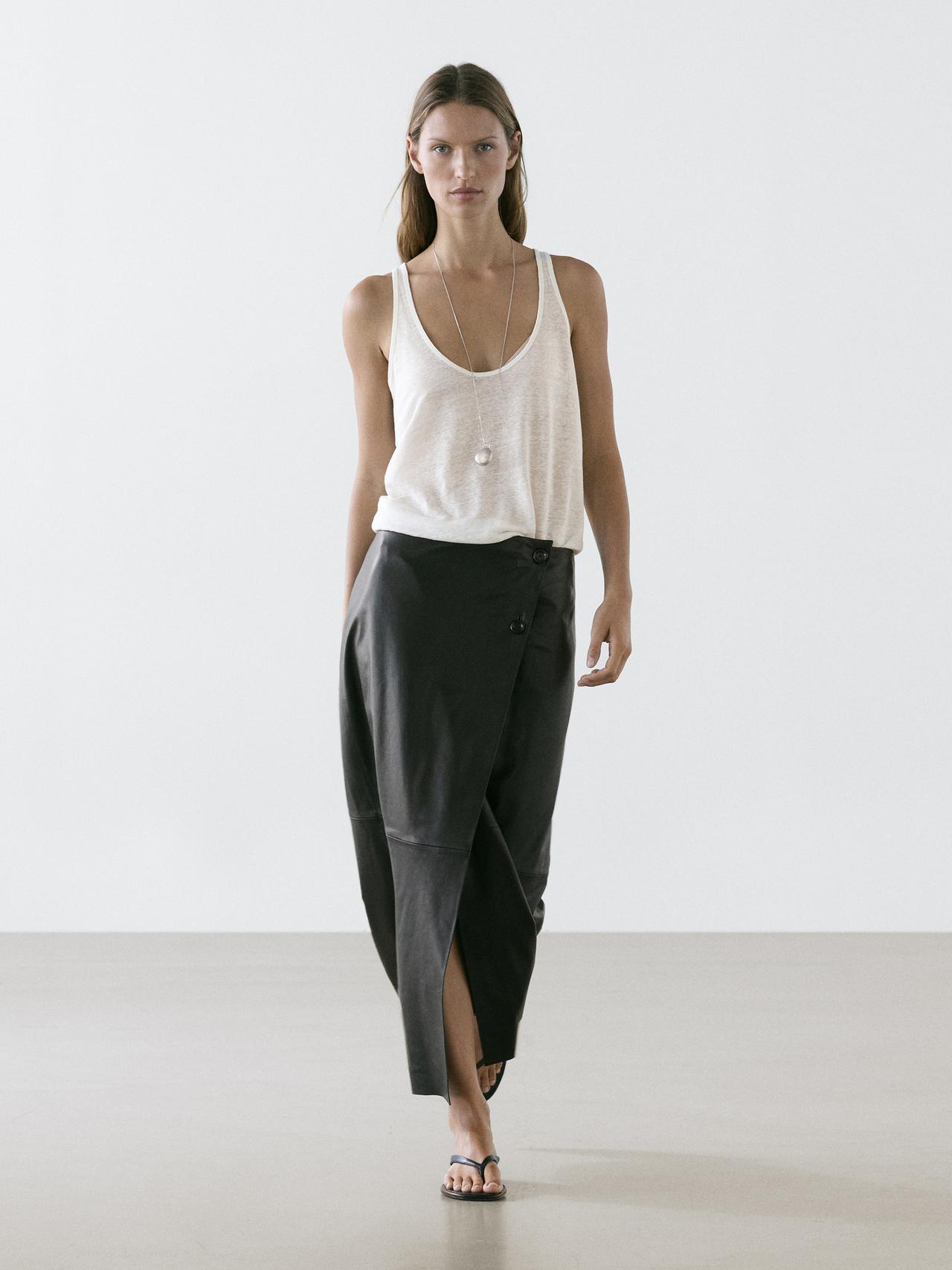 Nappa leather midi skirt with seams — BLACK