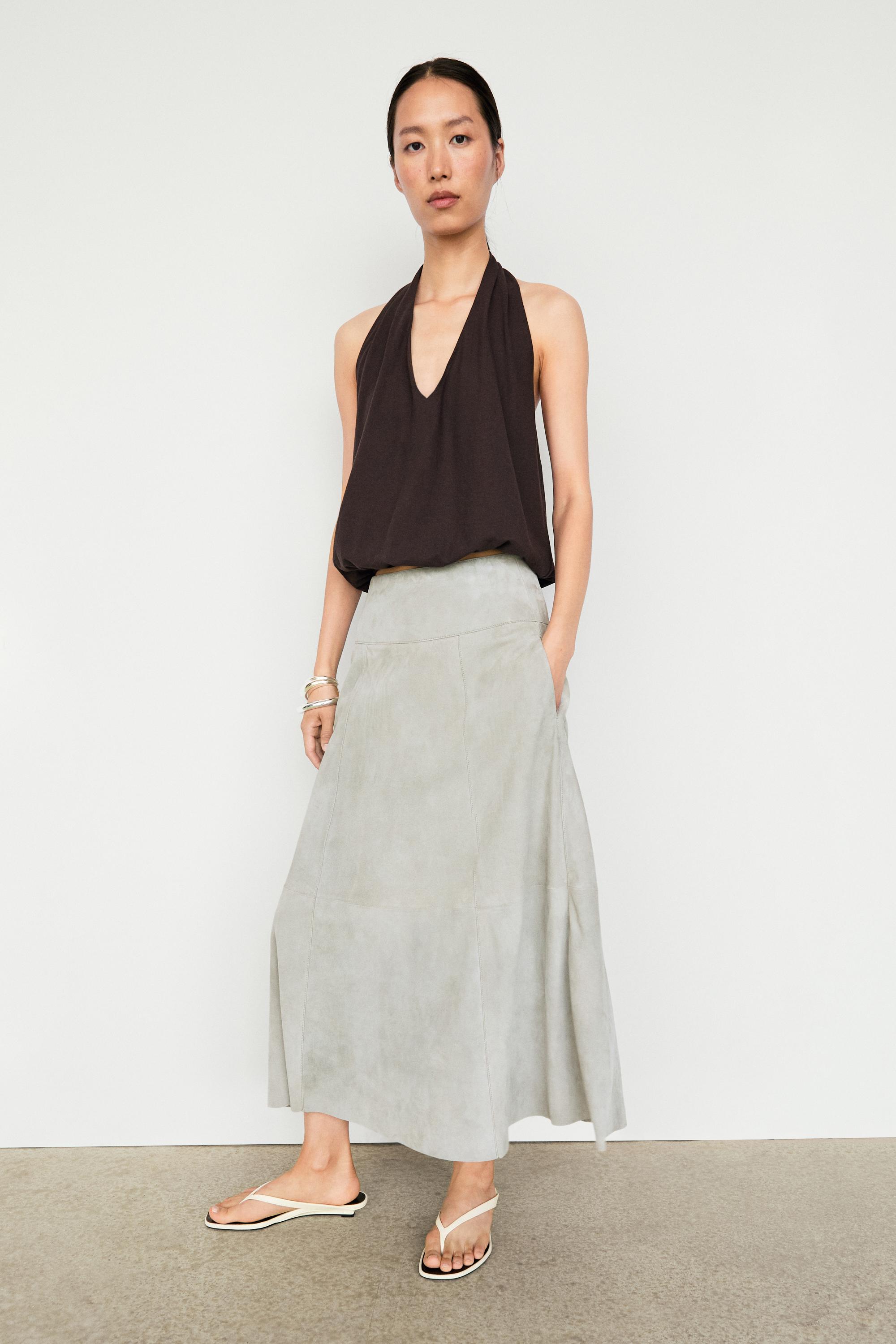 Cotton halter top with elasticated hem — BROWN