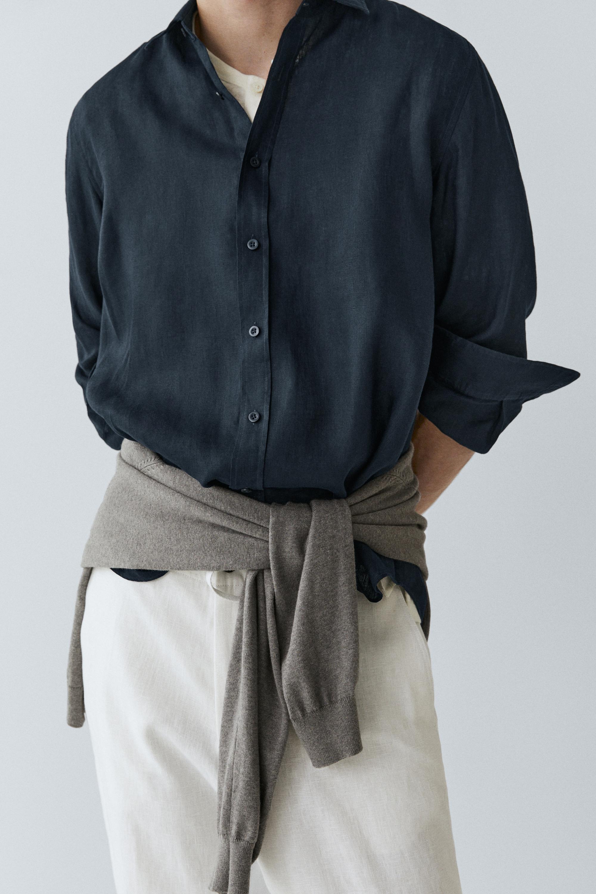 100% linen slim fit shirt — NAVY BLUE