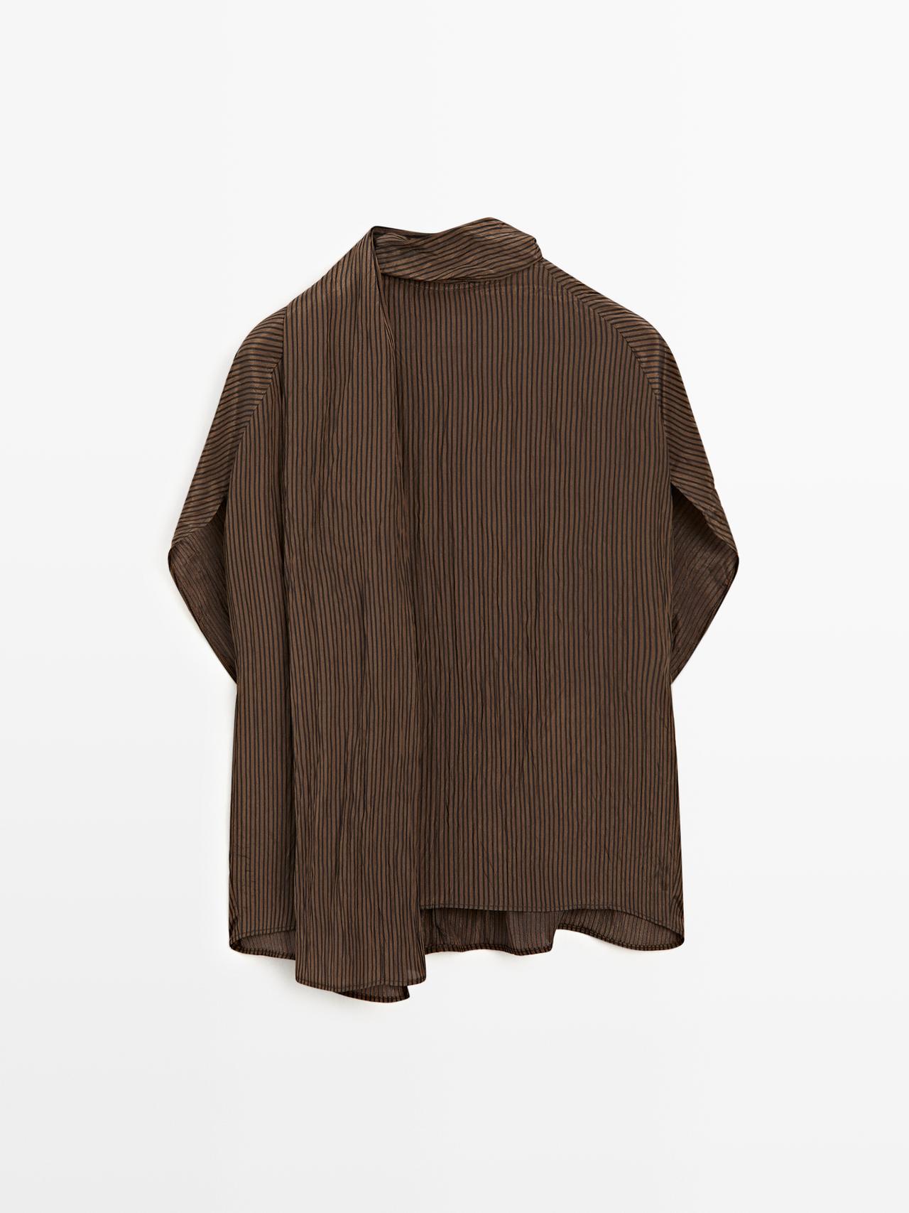 Massimo Dutti - Dame - Nålestribet Bluse Med Tørklædekrave - Brun - S