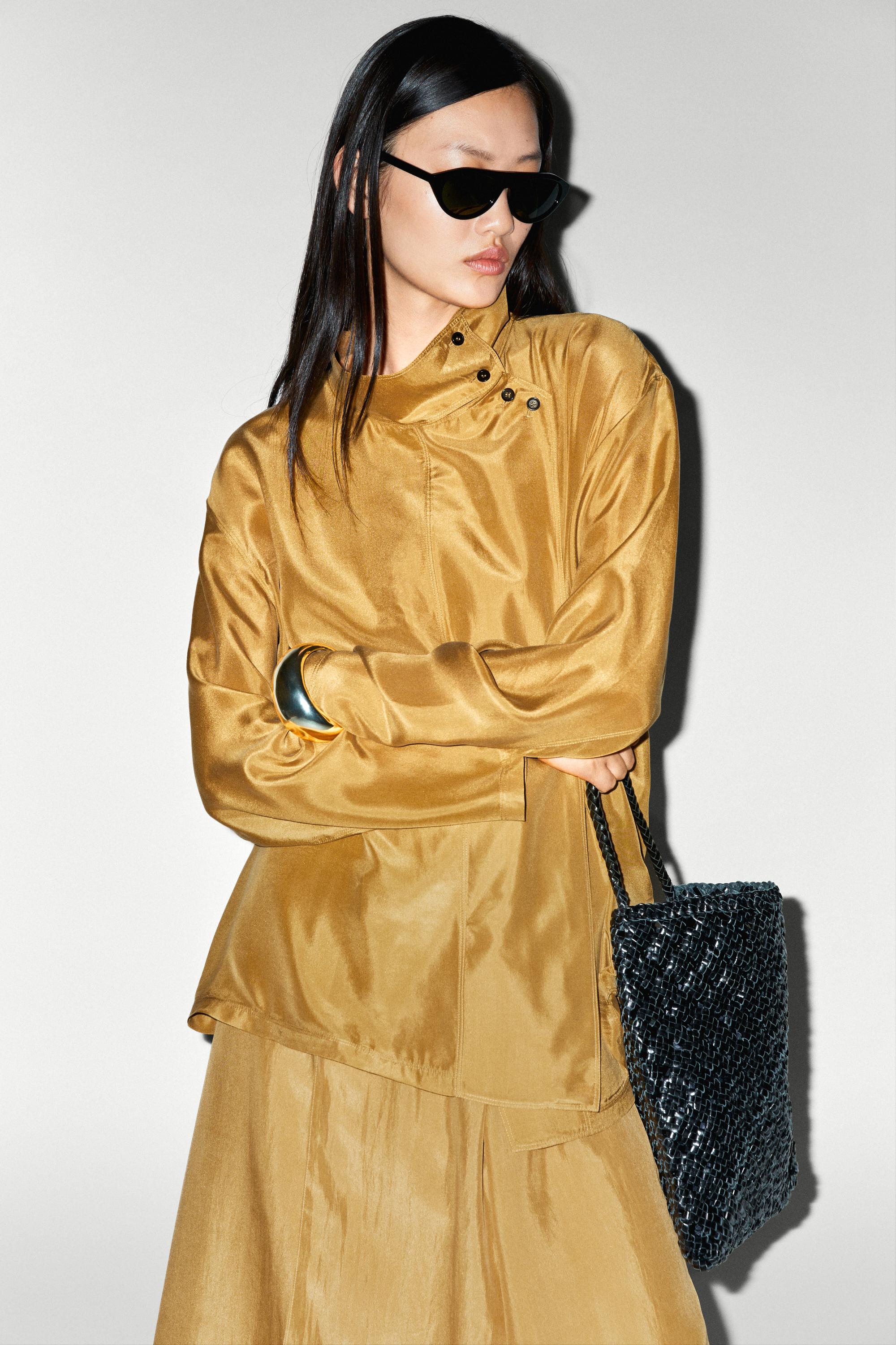 100% silk crossover mock neck shirt — MUSTARD YELLOW