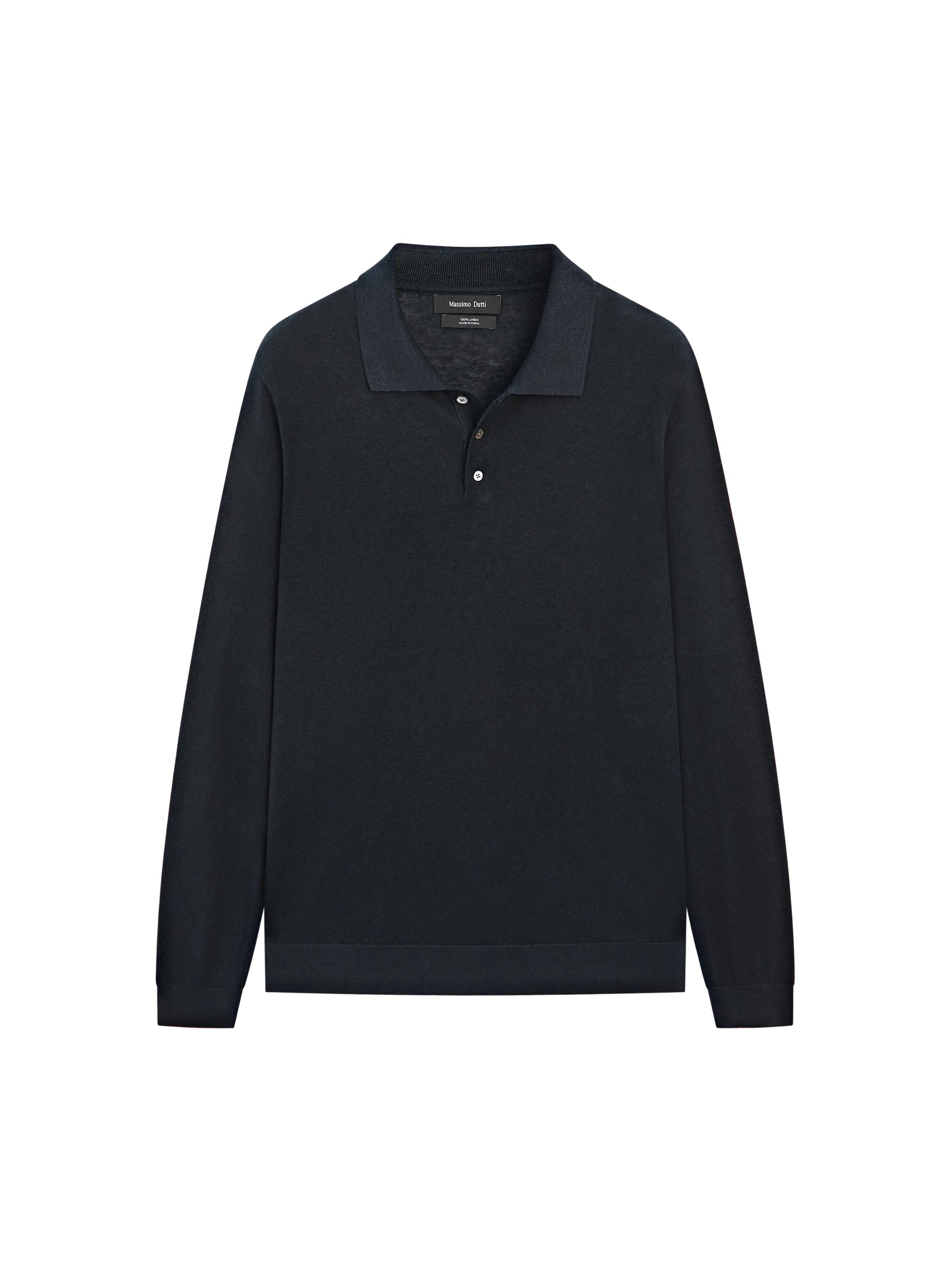100% linen knit polo collar sweater — NAVY BLUE