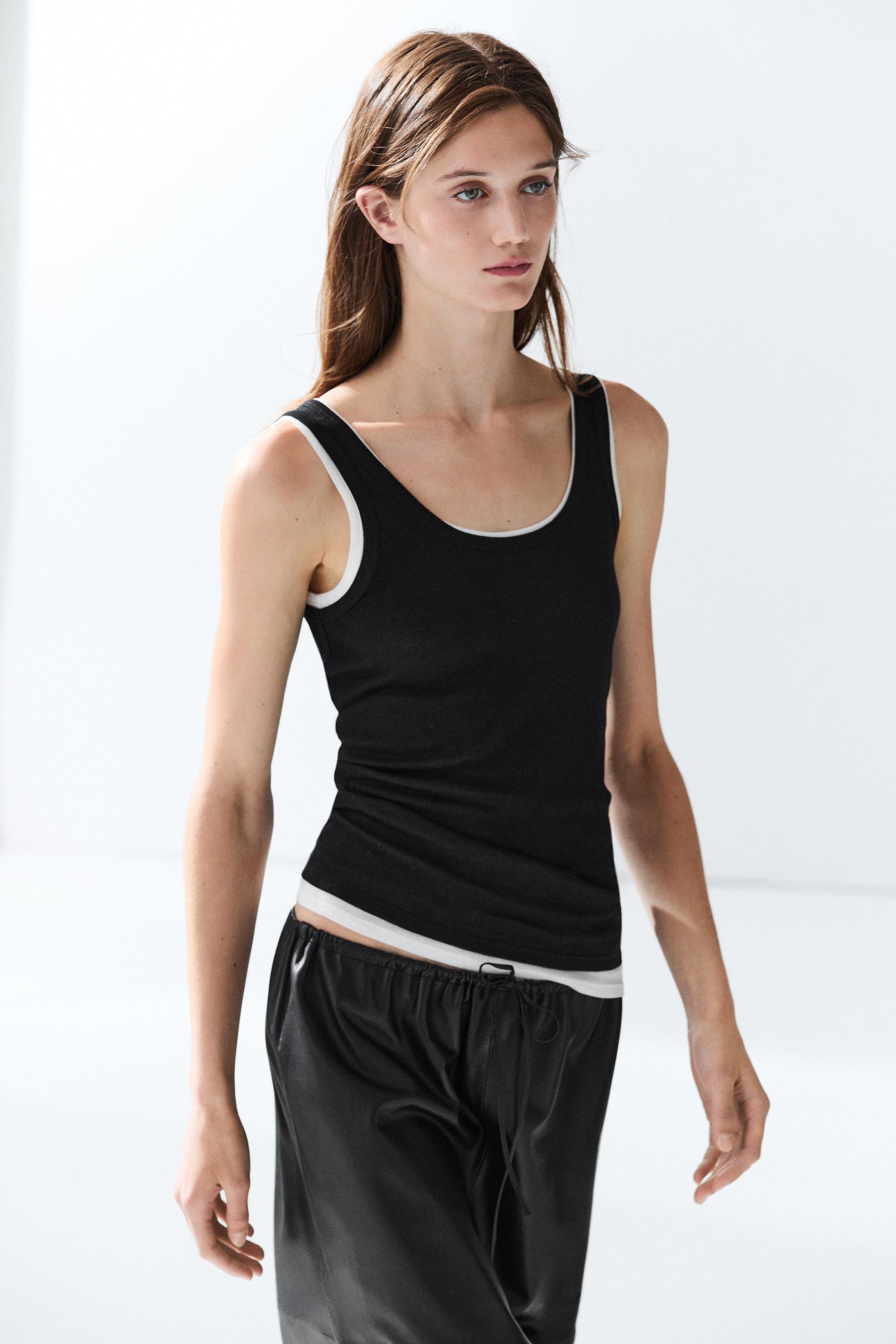 Cotton blend ribbed double-layer top — BLACK
