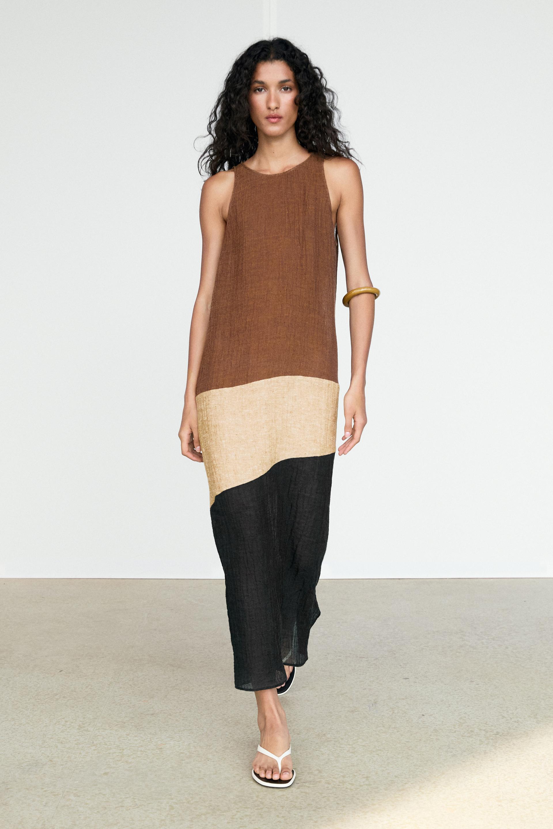 Vestito Midi Combinato In Misto Lino - Marrone - 36 (It 40) - Massimo Dutti - Femminile