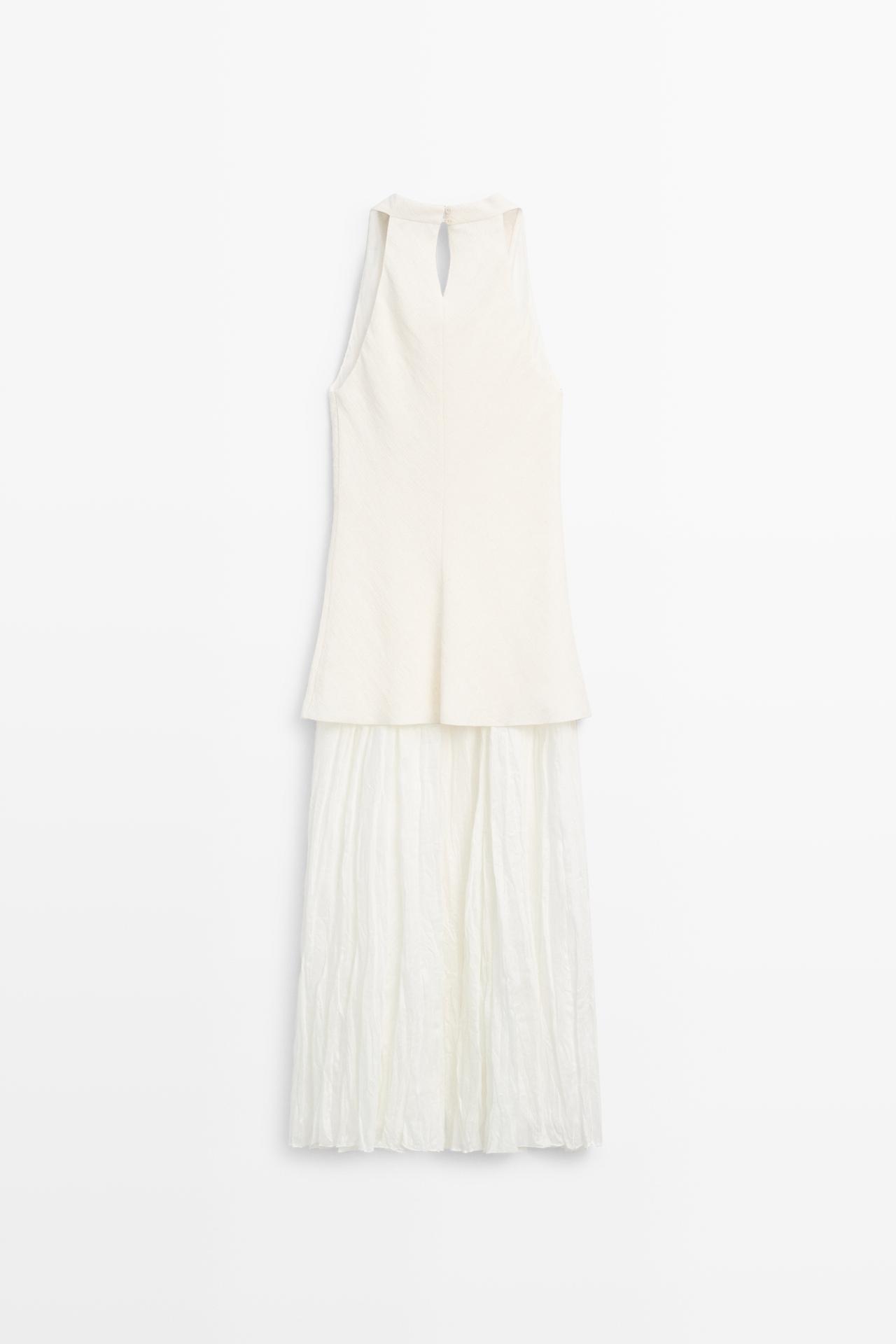 Combined flowing pleated linen dress — Off white