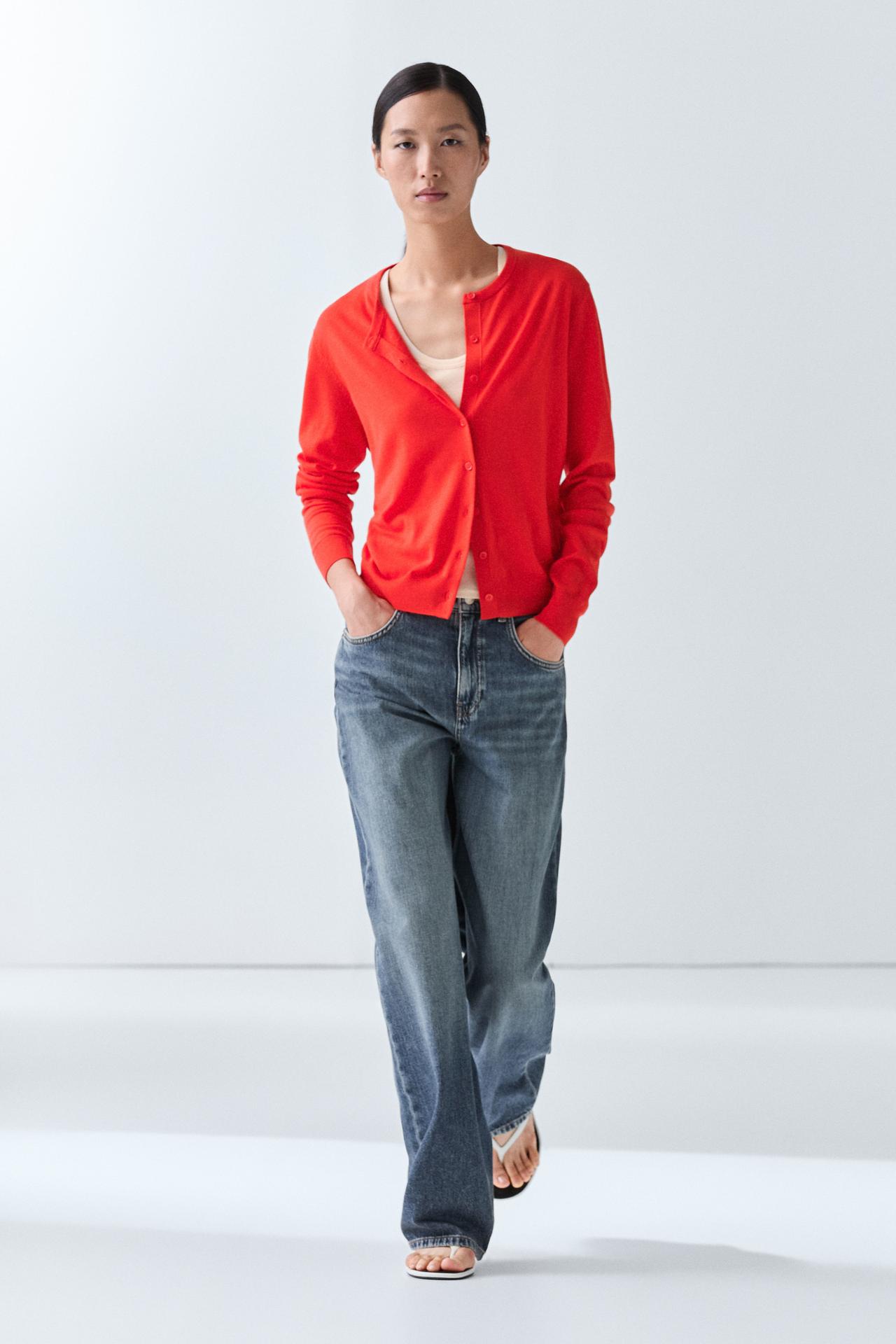 Fine-knit round neck cardigan — ORANGE