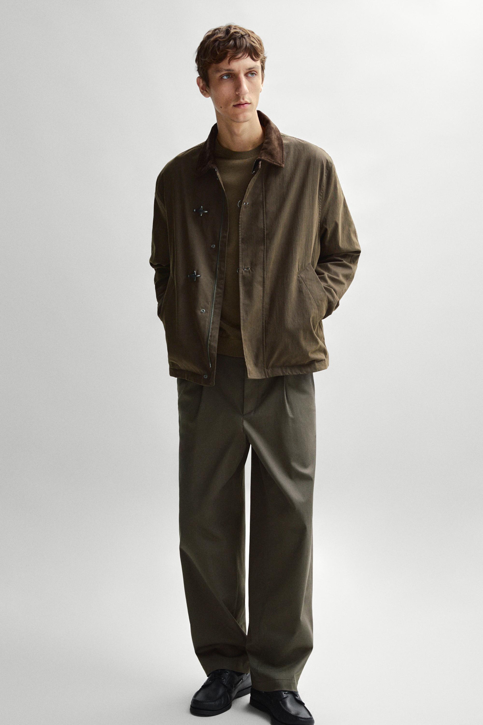 Jacket with leather collar detail — DARK KHAKI