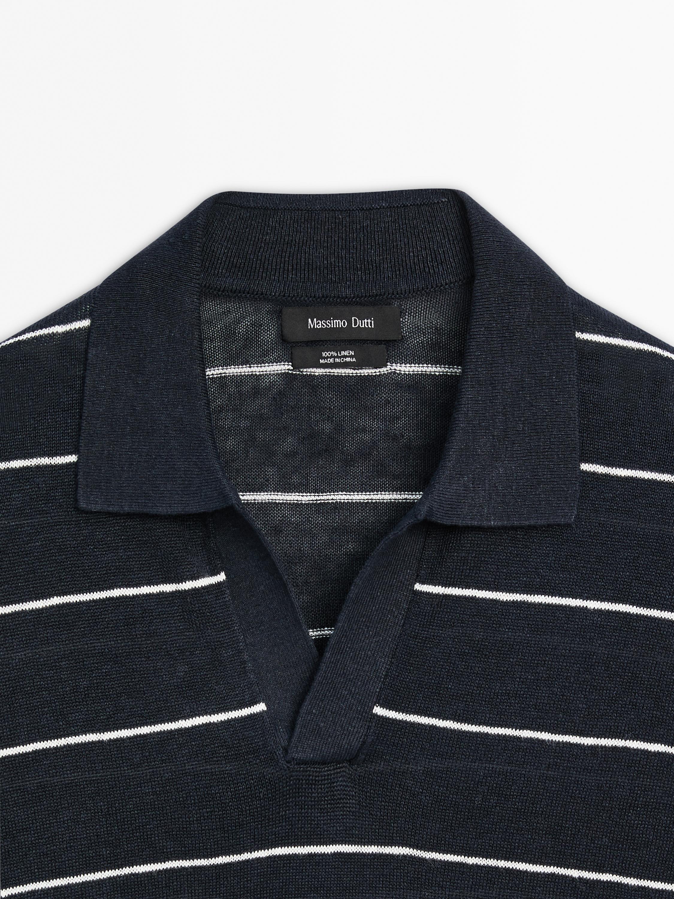100% linen striped knit polo shirt