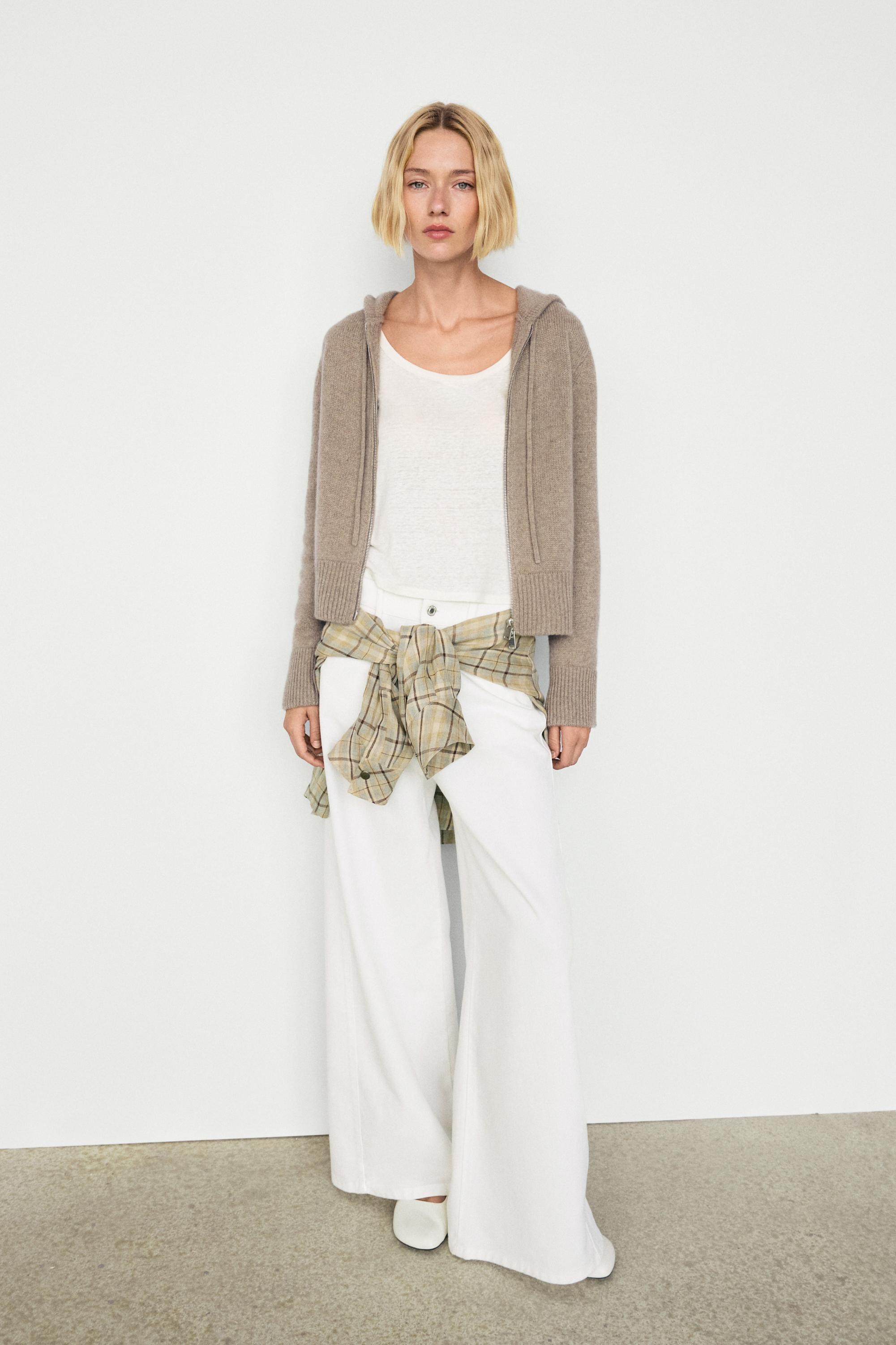 100% cashmere hooded zip-up cardigan — BEIGE
