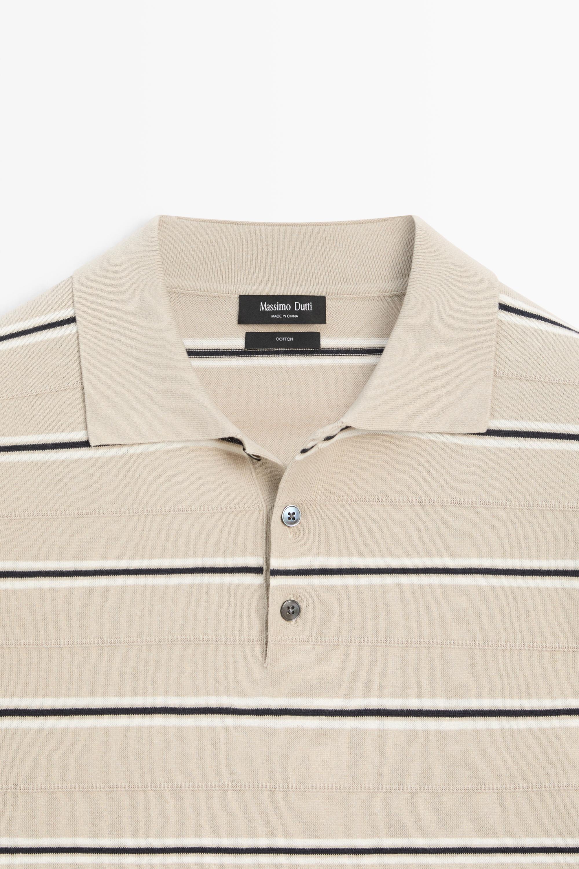100% Cotton Striped Knit Polo Shirt — STONE