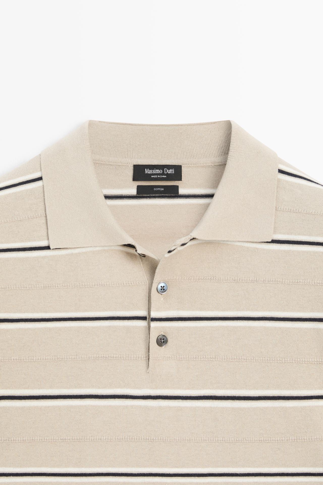 100% Cotton Striped Knit Polo Shirt — STONE