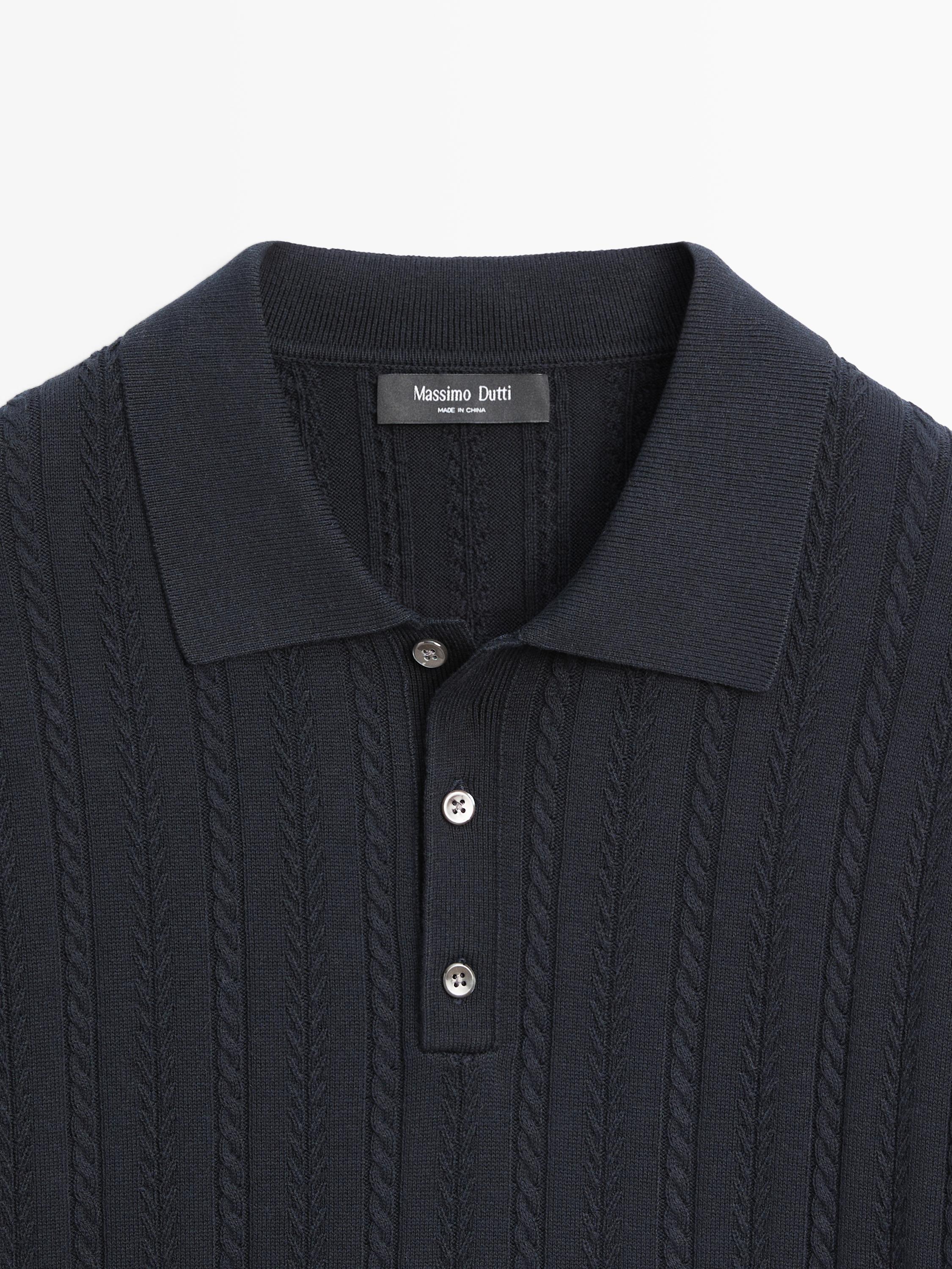 Cotton blend cable-knit polo sweater — NAVY BLUE