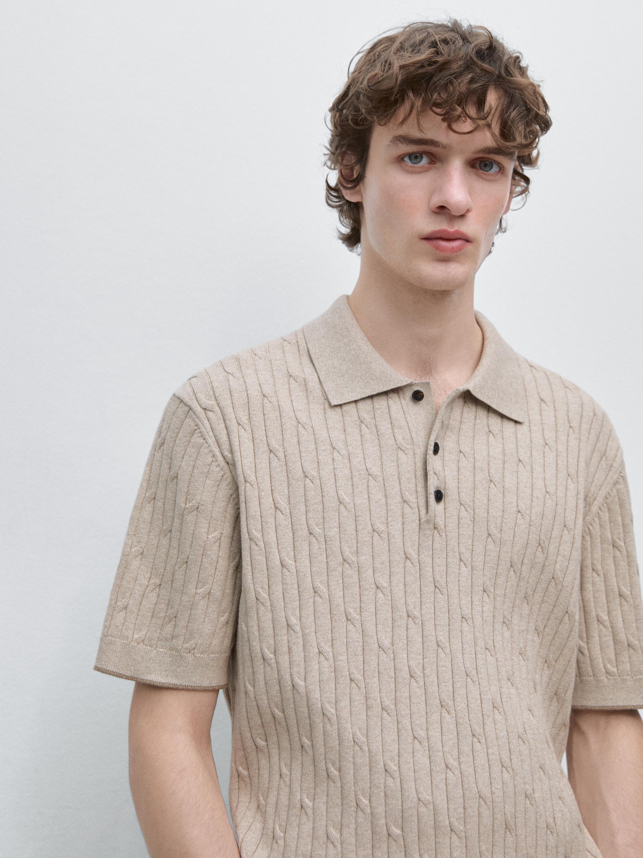 Cotton blend cable-knit polo sweater — BEIGE