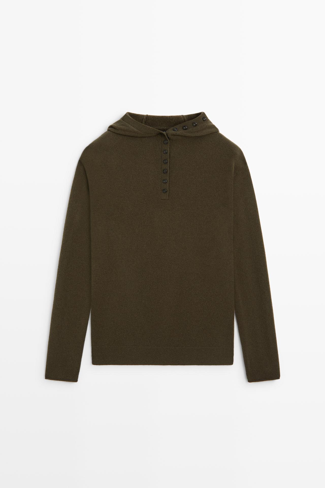 Hooded knit sweater with button detail — KHAKI