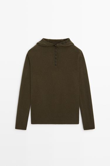 Hooded knit sweater with button detail — KHAKI 2