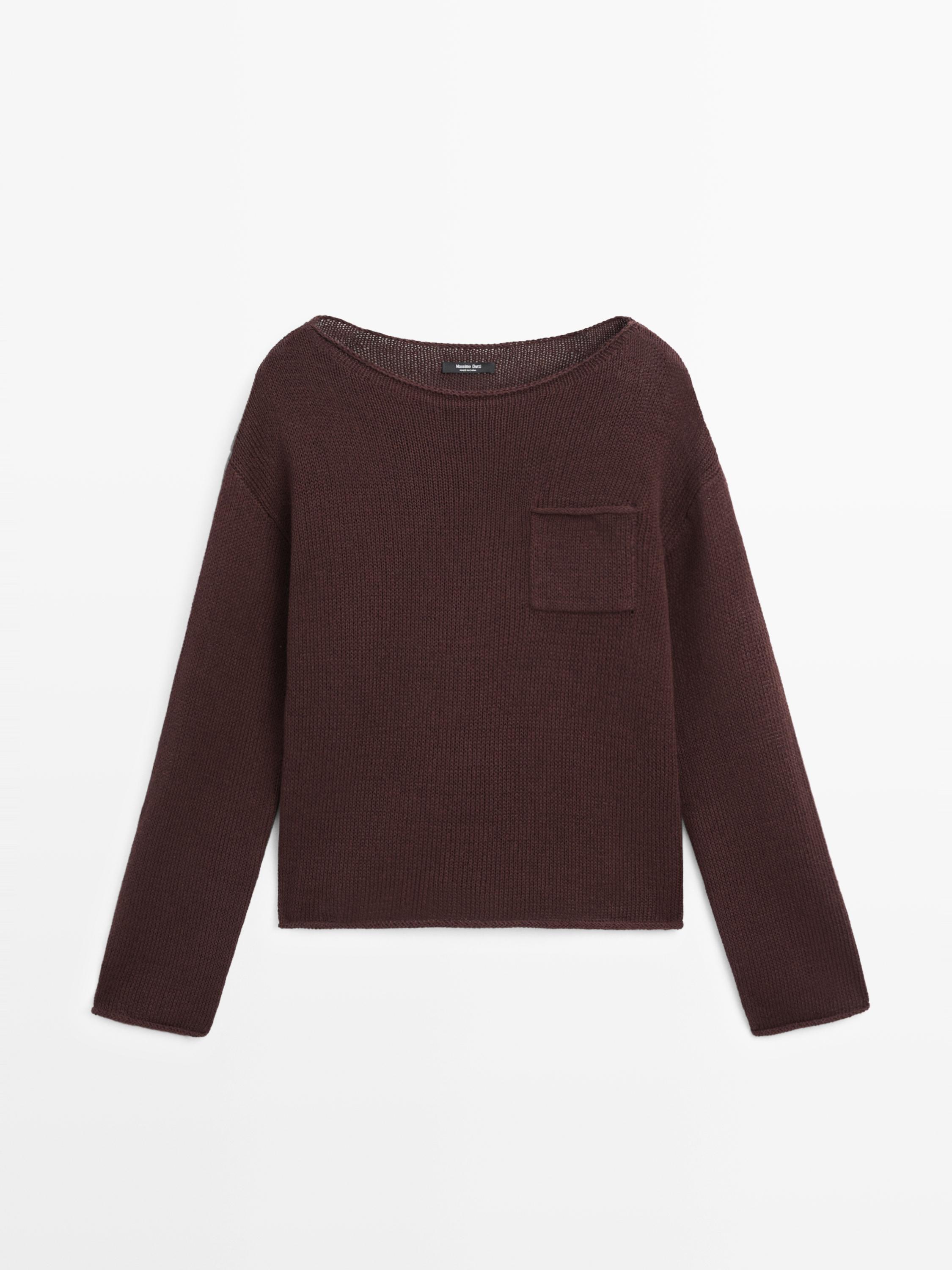 Cotton and linen knit sweater with pocket detail — BROWN