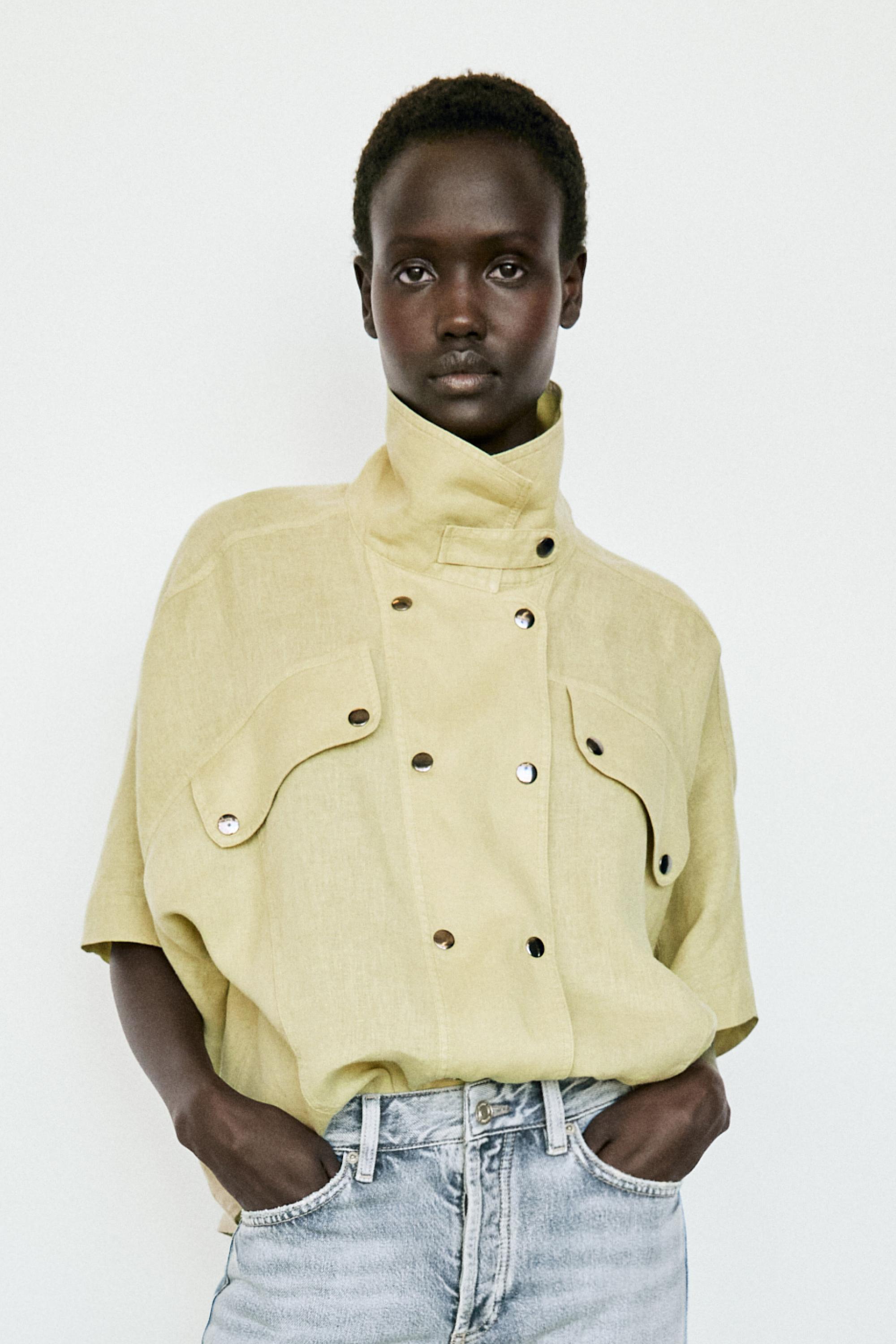 Short sleeve linen snap button shirt — LIME