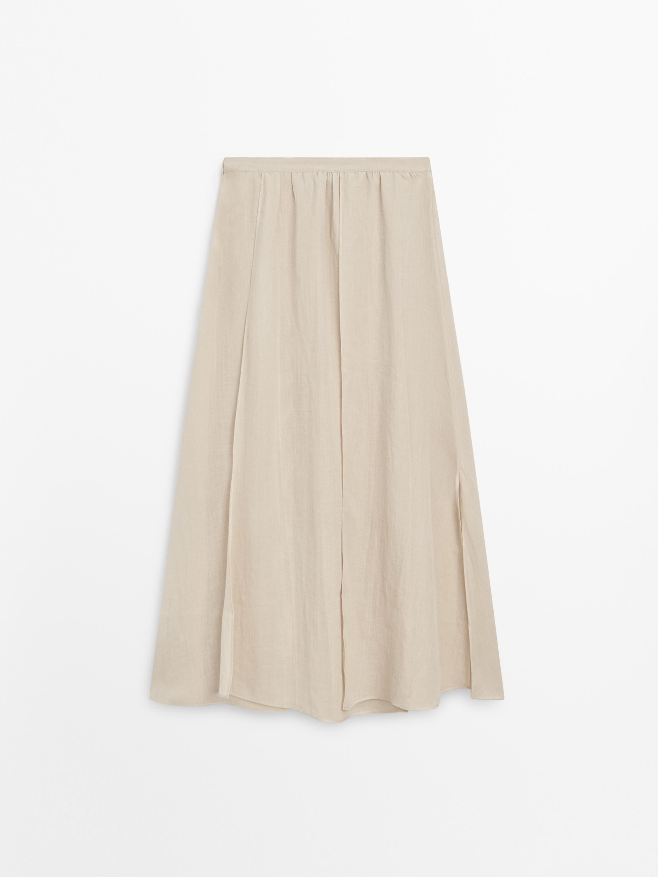 Flowing ramie blend midi skirt — CREAM
