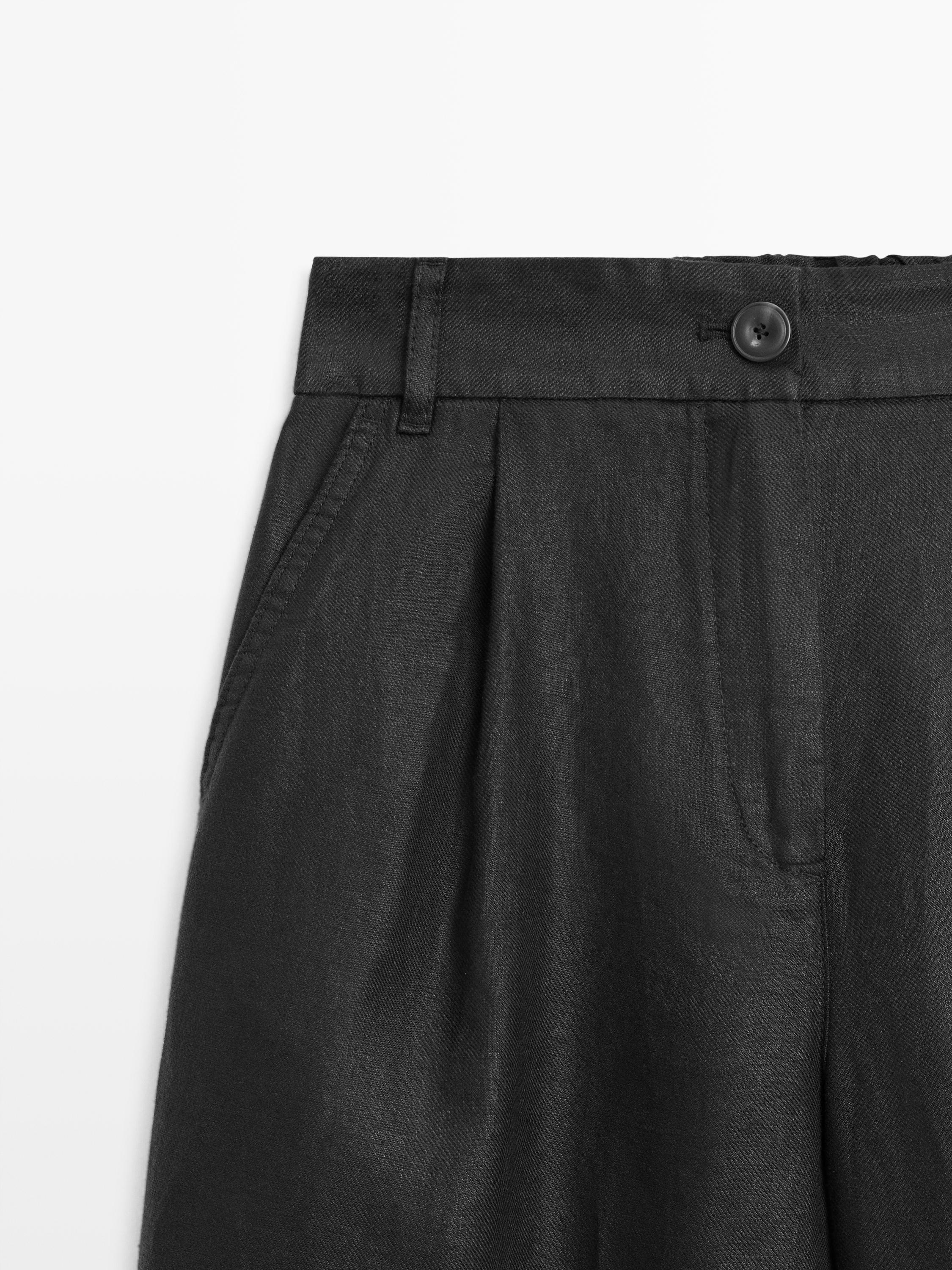 100% linen wide-leg elasticated trousers — BLACK