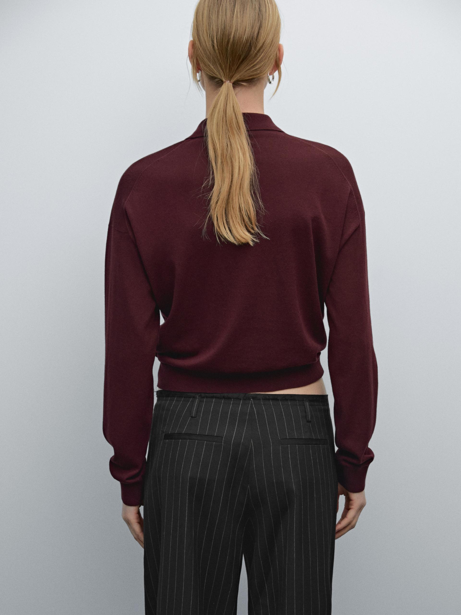 Dzianinowy Sweter Polo Z Mieszanki Bawełny - Bordowy - Xl - Massimo Dutti - Kobieta