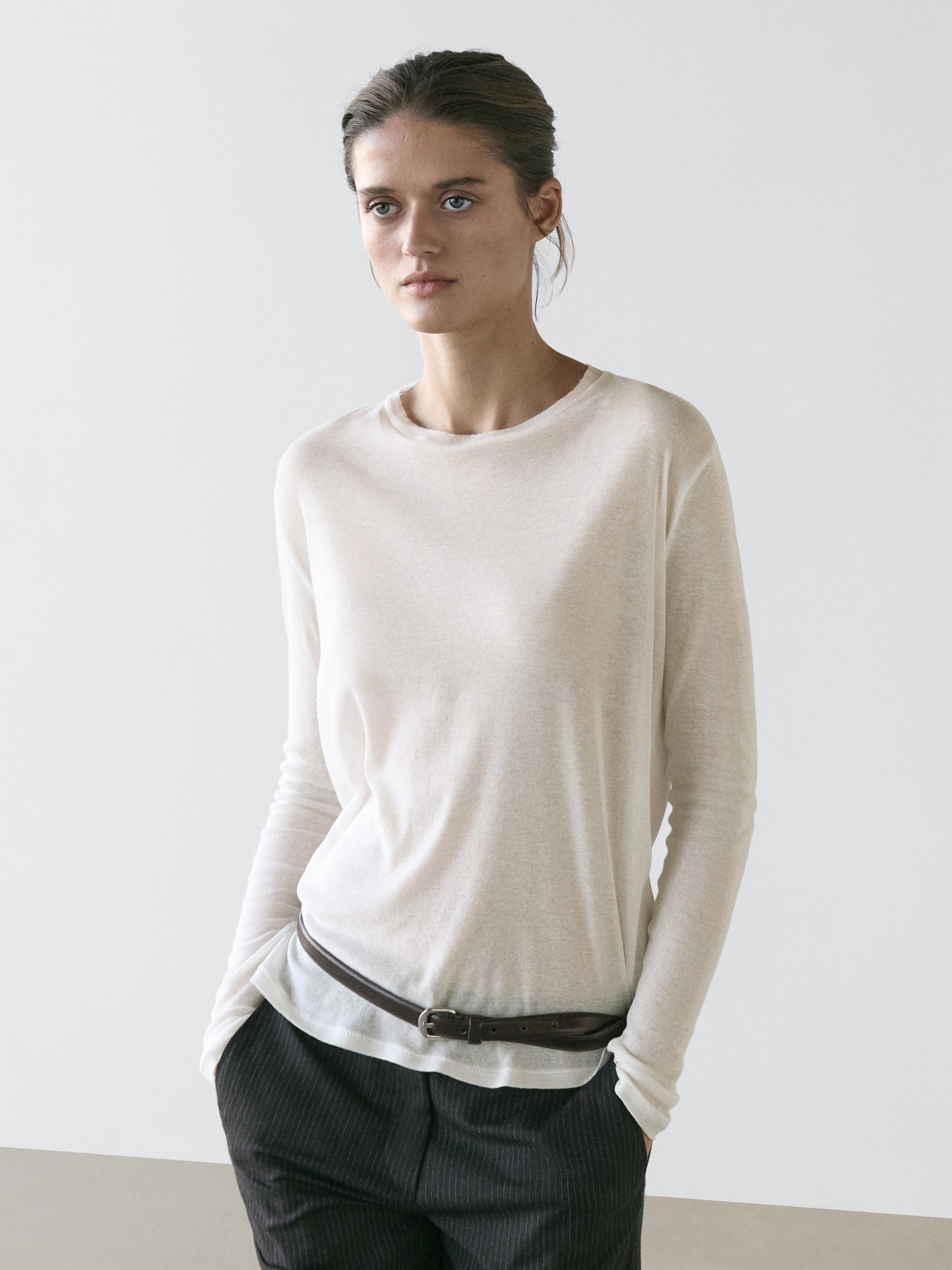 100% cotton semi-sheer T-shirt with collar detail — Off white
