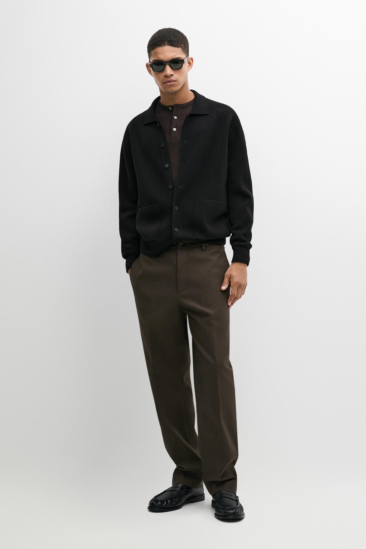 100% cotton knit polo collar cardigan — BLACK
