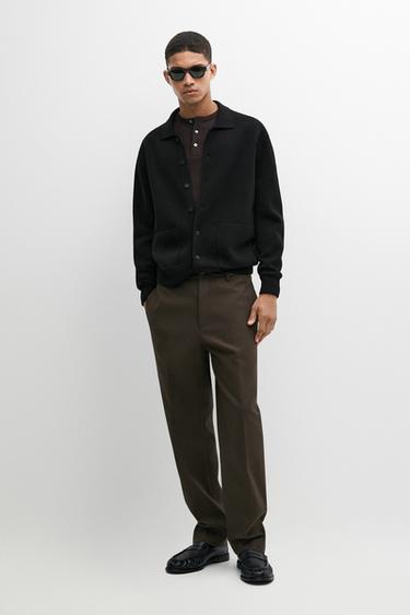 100% cotton knit polo collar cardigan — BLACK 1
