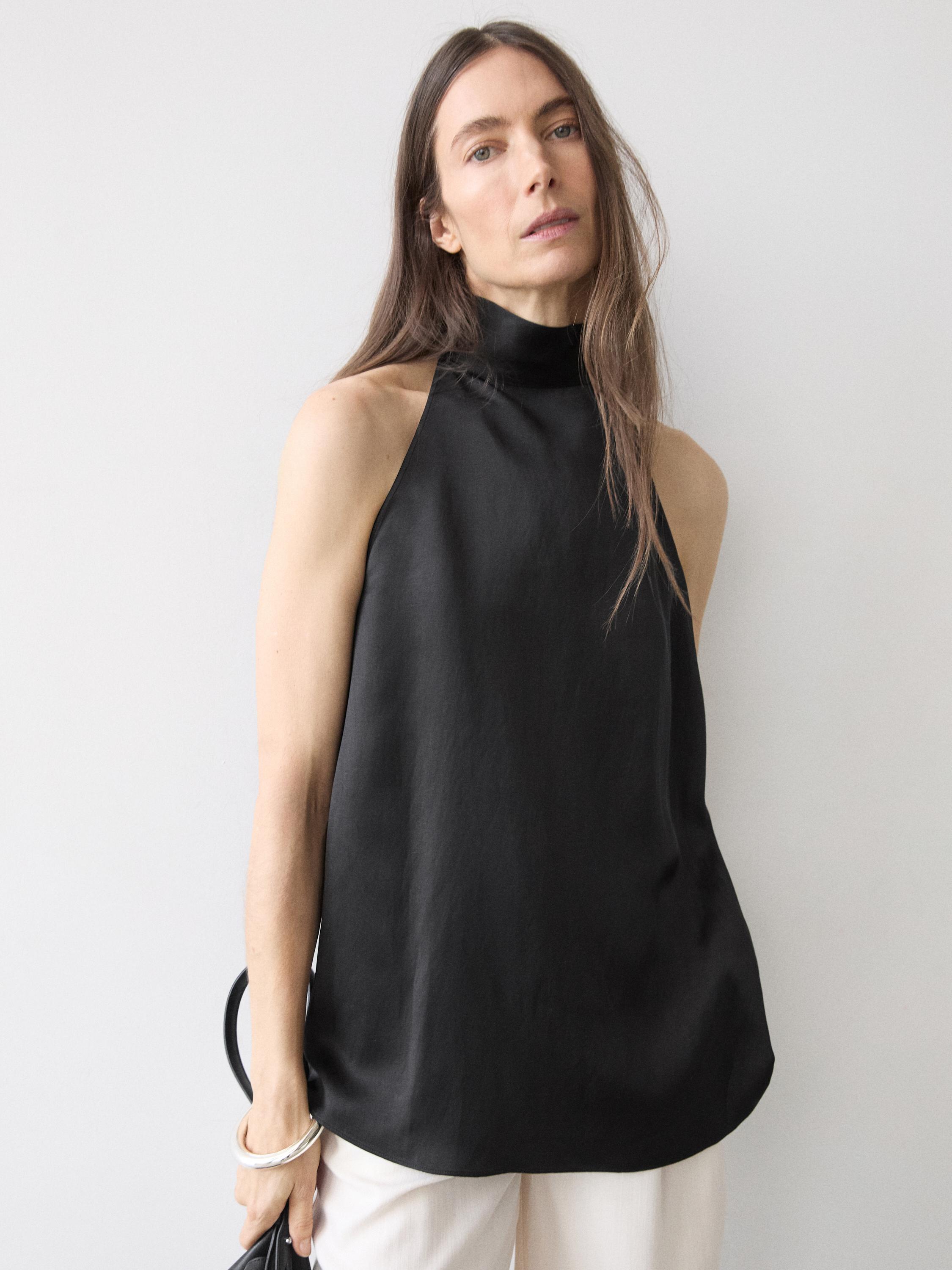Satin halter top with tie detail — BLACK