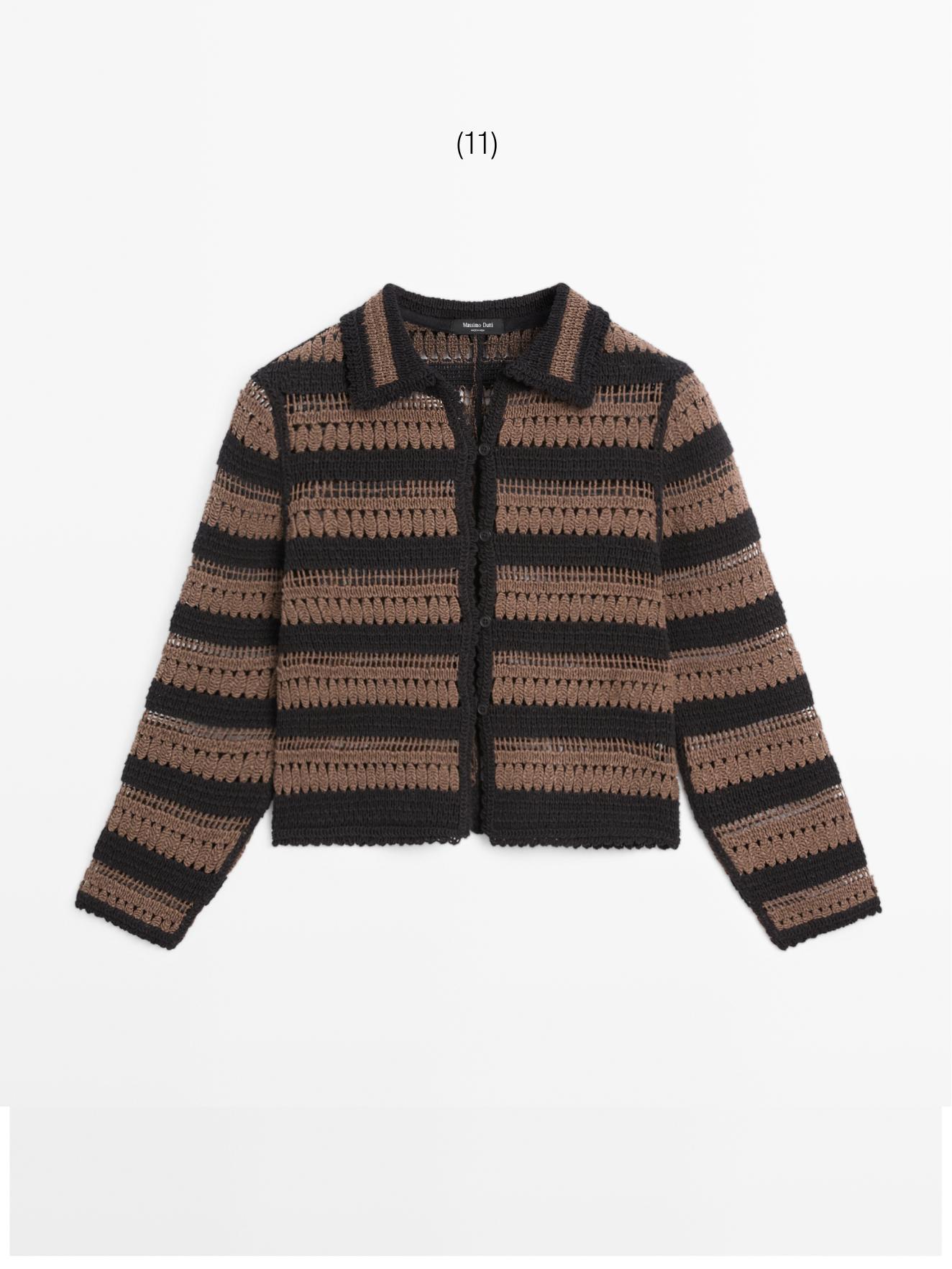 Short striped crochet knit cardigan — BROWN