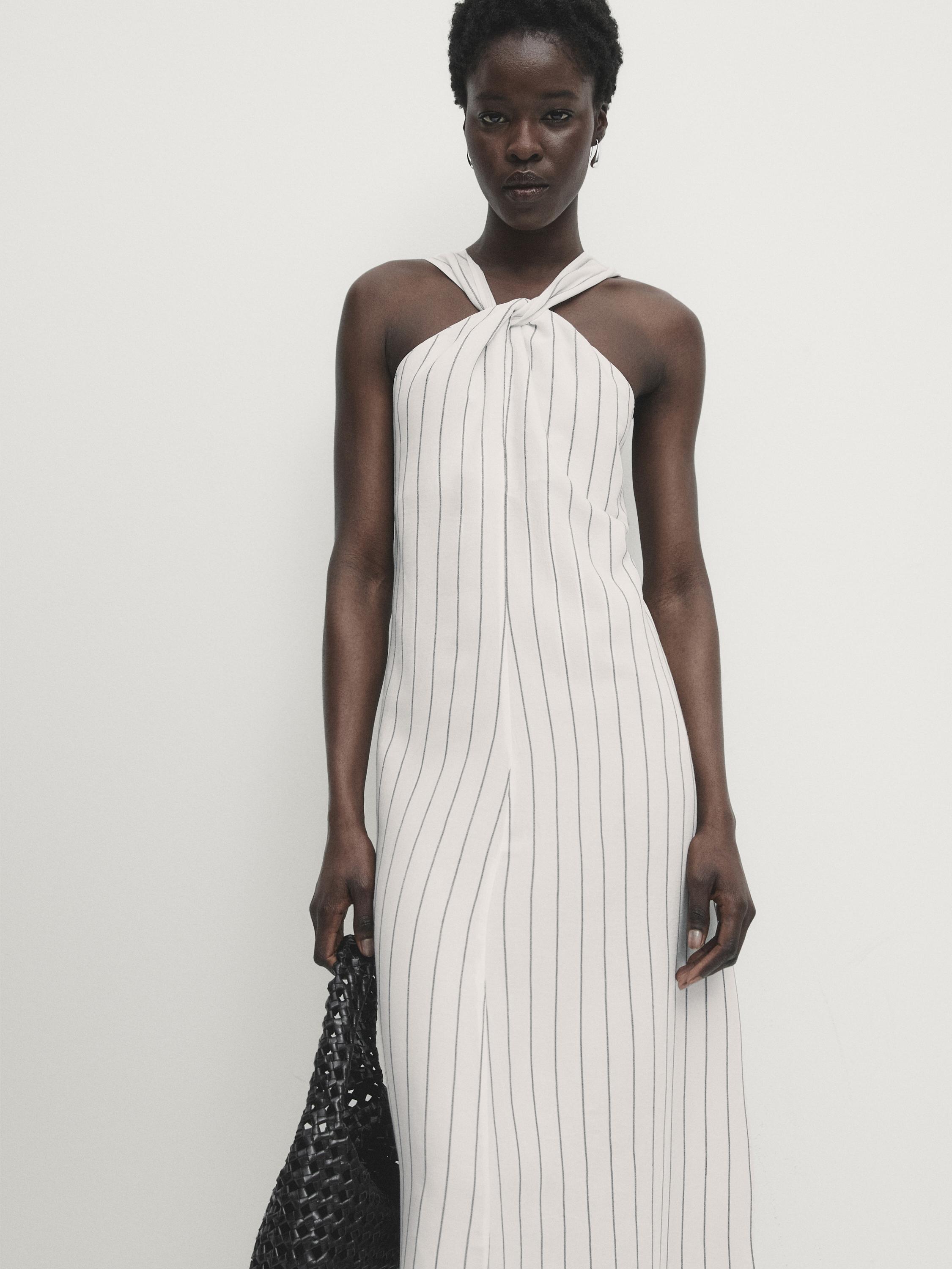 Robe midi à encolure américaine à rayures