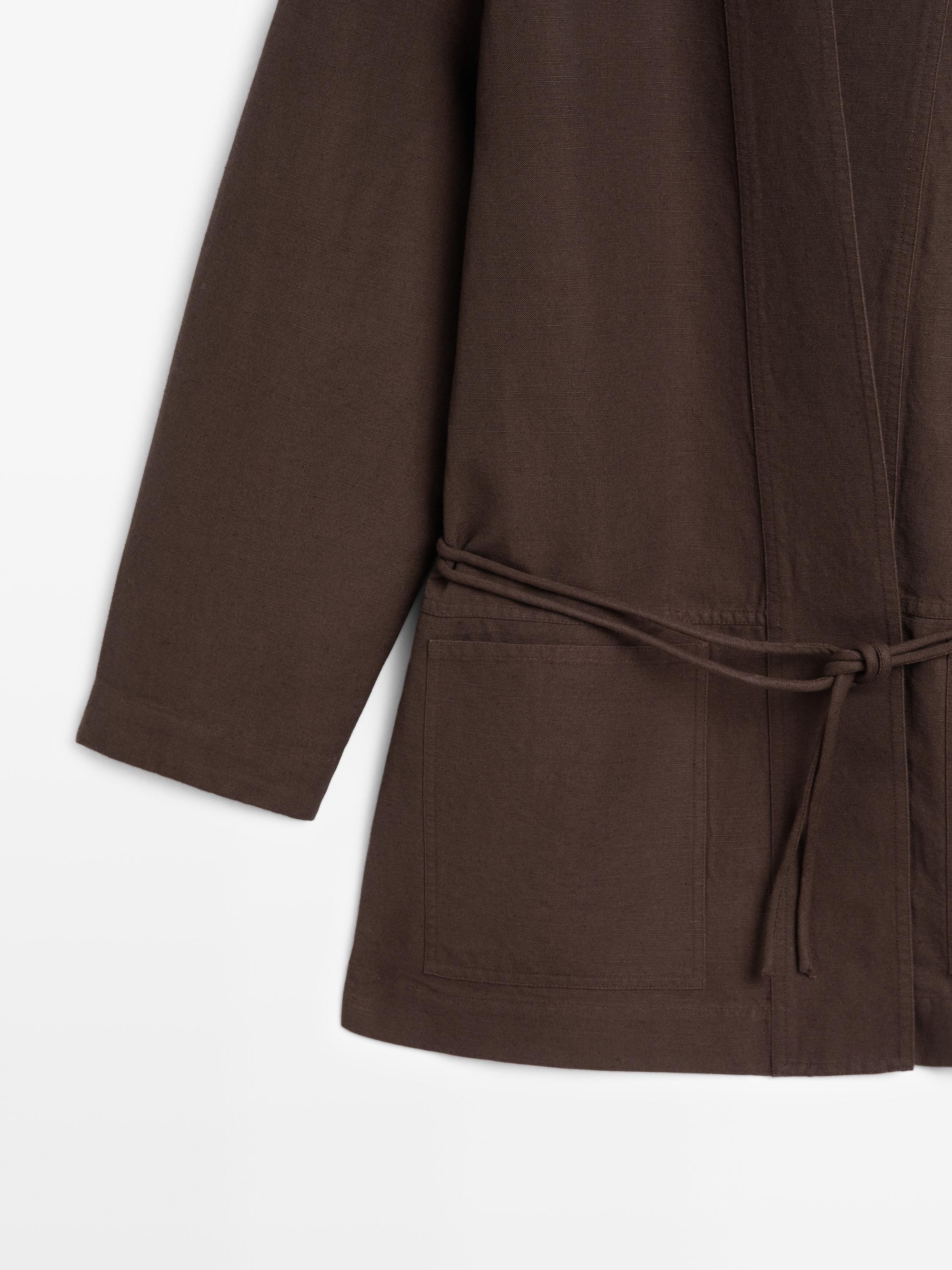 Linen blend kimono jacket with tie detail — Chocolate