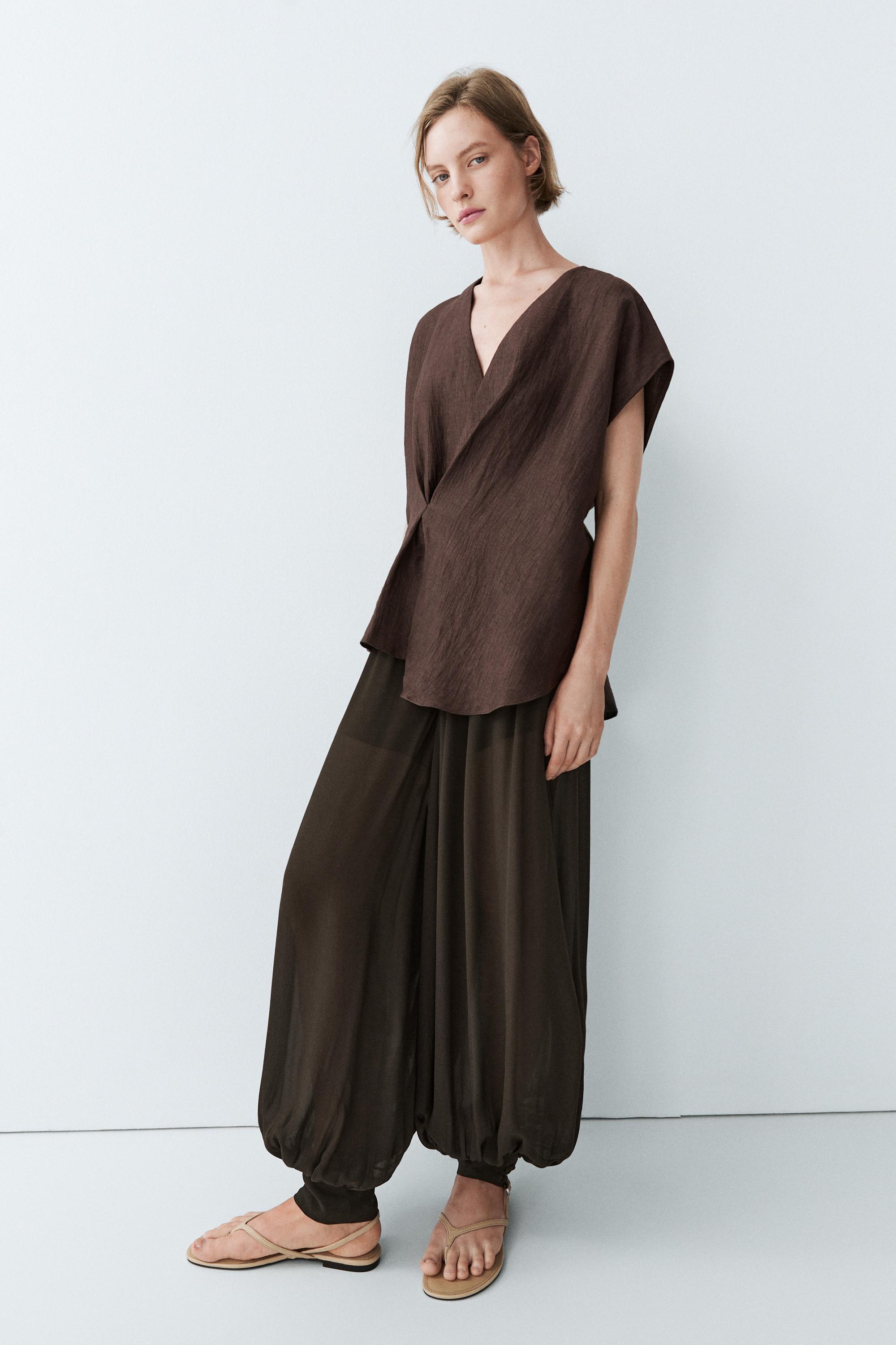 Fluid linen blend crossover kimono — BROWN