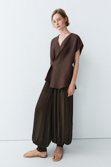Flowing linen blend wrap blouse — BROWN 8