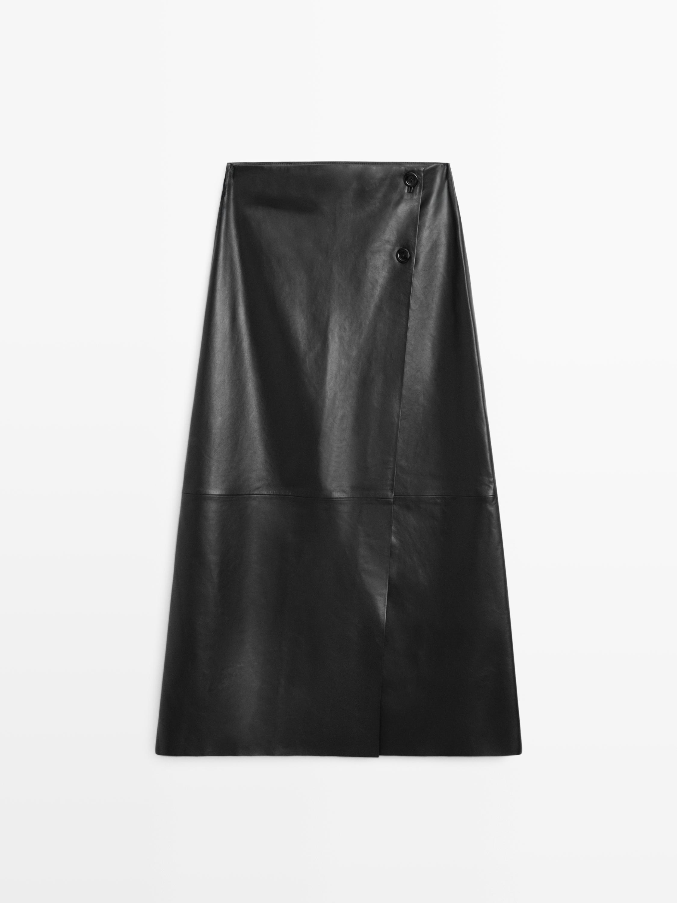 Nappa leather midi skirt with seams — BLACK