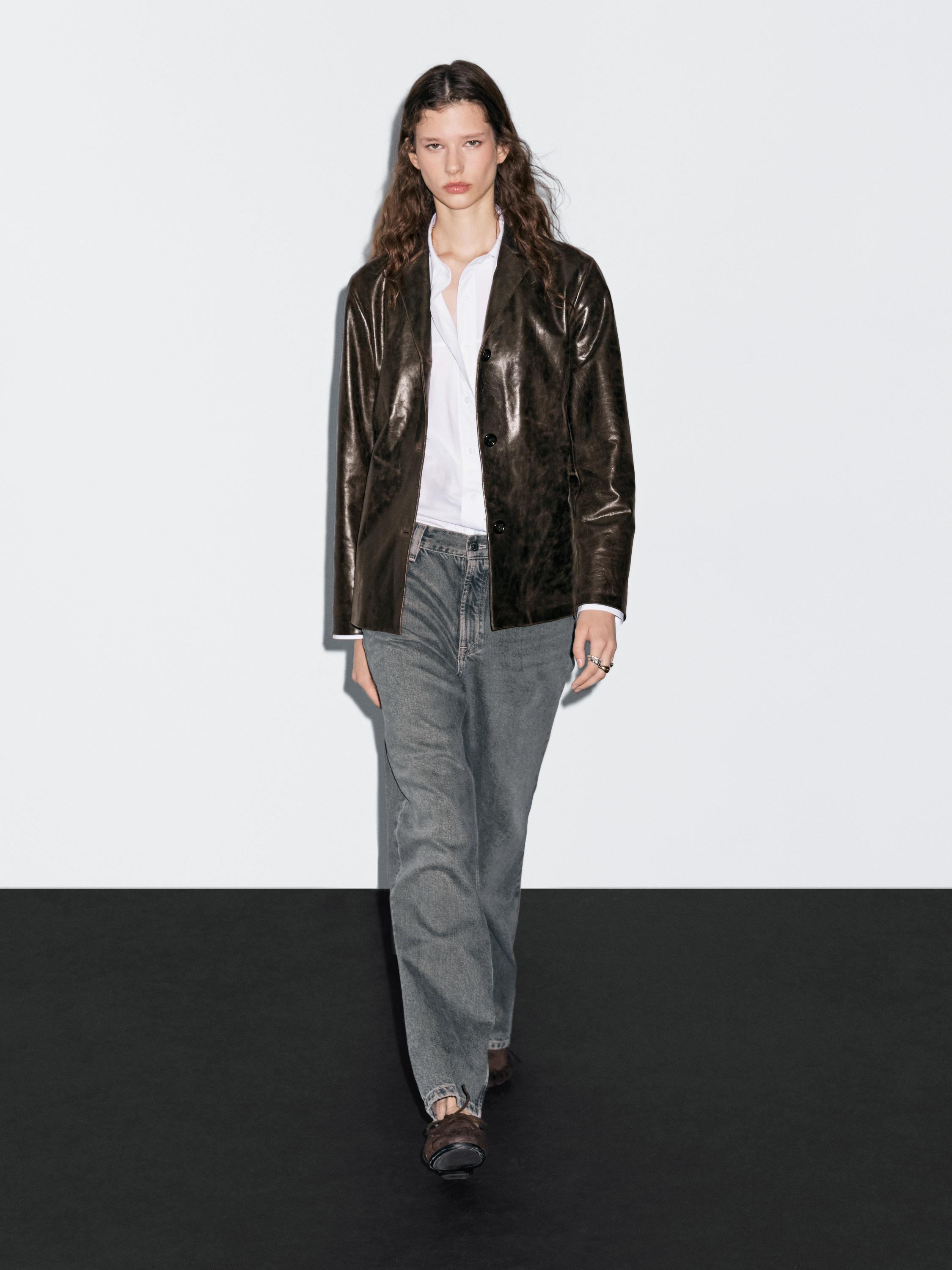 Nappa leather blazer with distressed finish