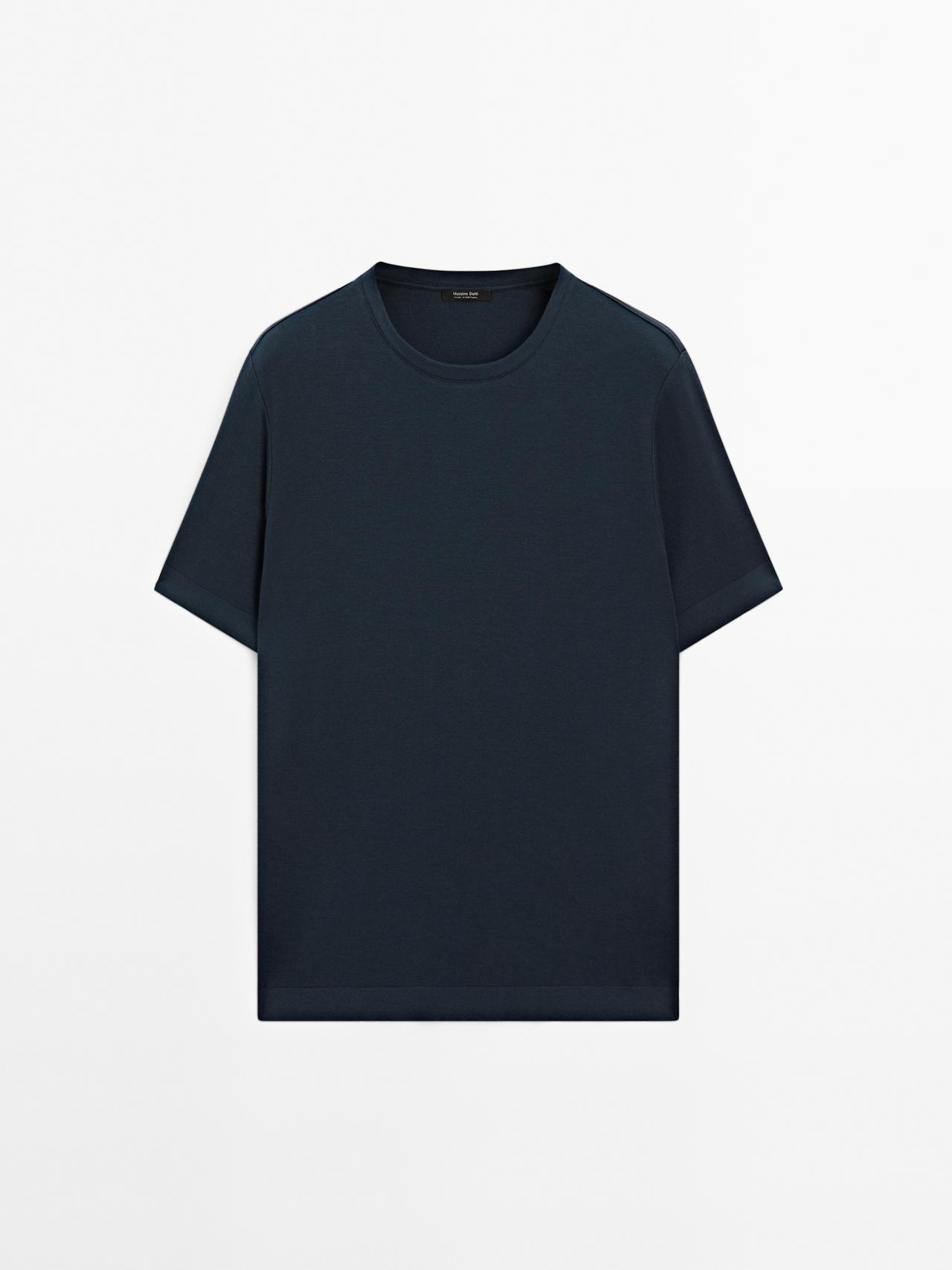Massimo Dutti - Herre - T-Shirt I 100 % Bomuld Med Ribkanter - Marineblå - S