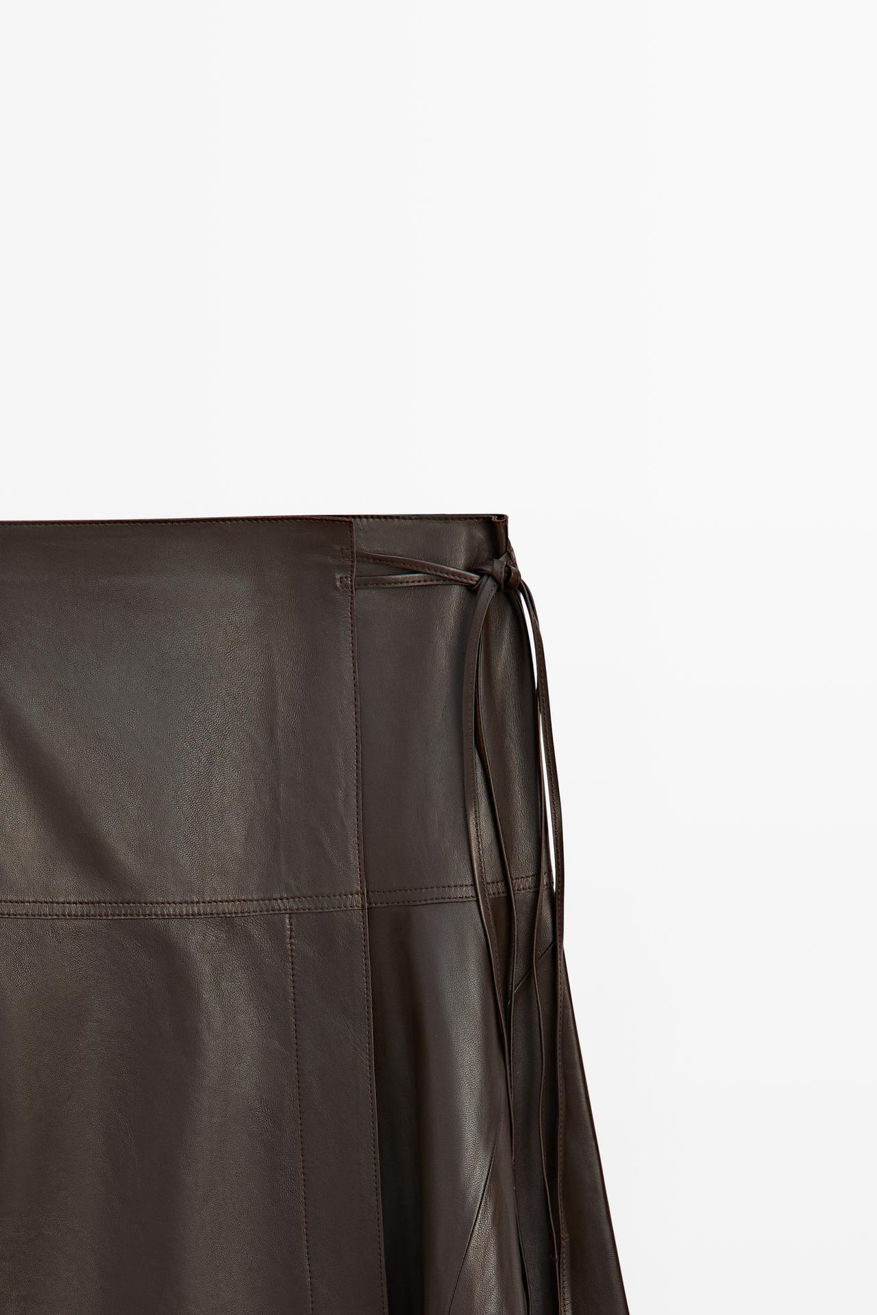 Nappa leather midi skirt with tie detail — BROWN