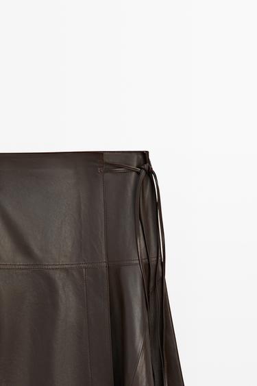 Nappa leather midi skirt with tie detail — BROWN 4