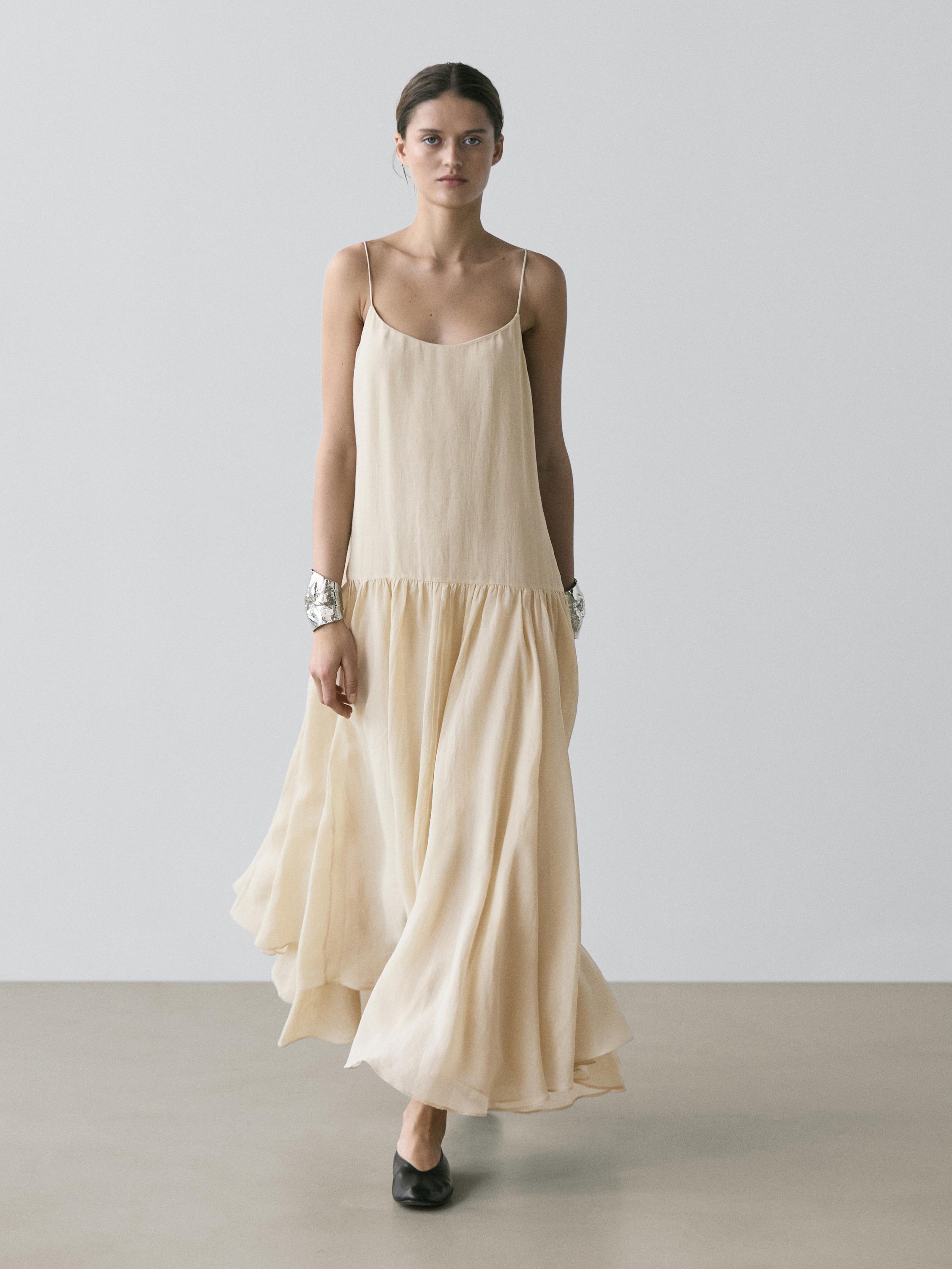 Flowing Midi Dress With Pleated Detail - Cream - S - Massimo Dutti - Women Flowing Midi Dress With Pleated Detail - Cream - S - Massimo Dutti - Women